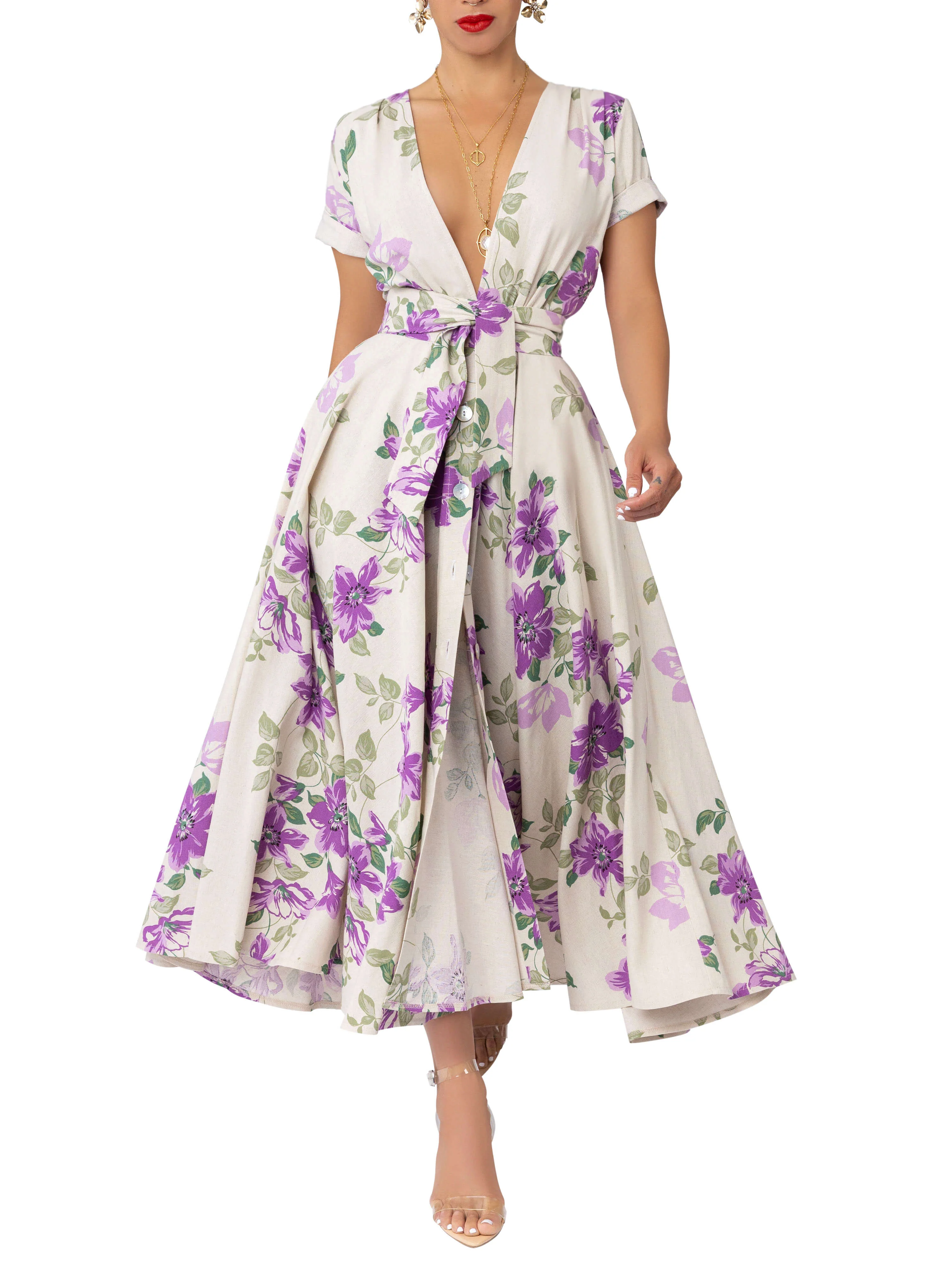"Shirley" Lilac Floral Gathered Midi Dress - Image 2