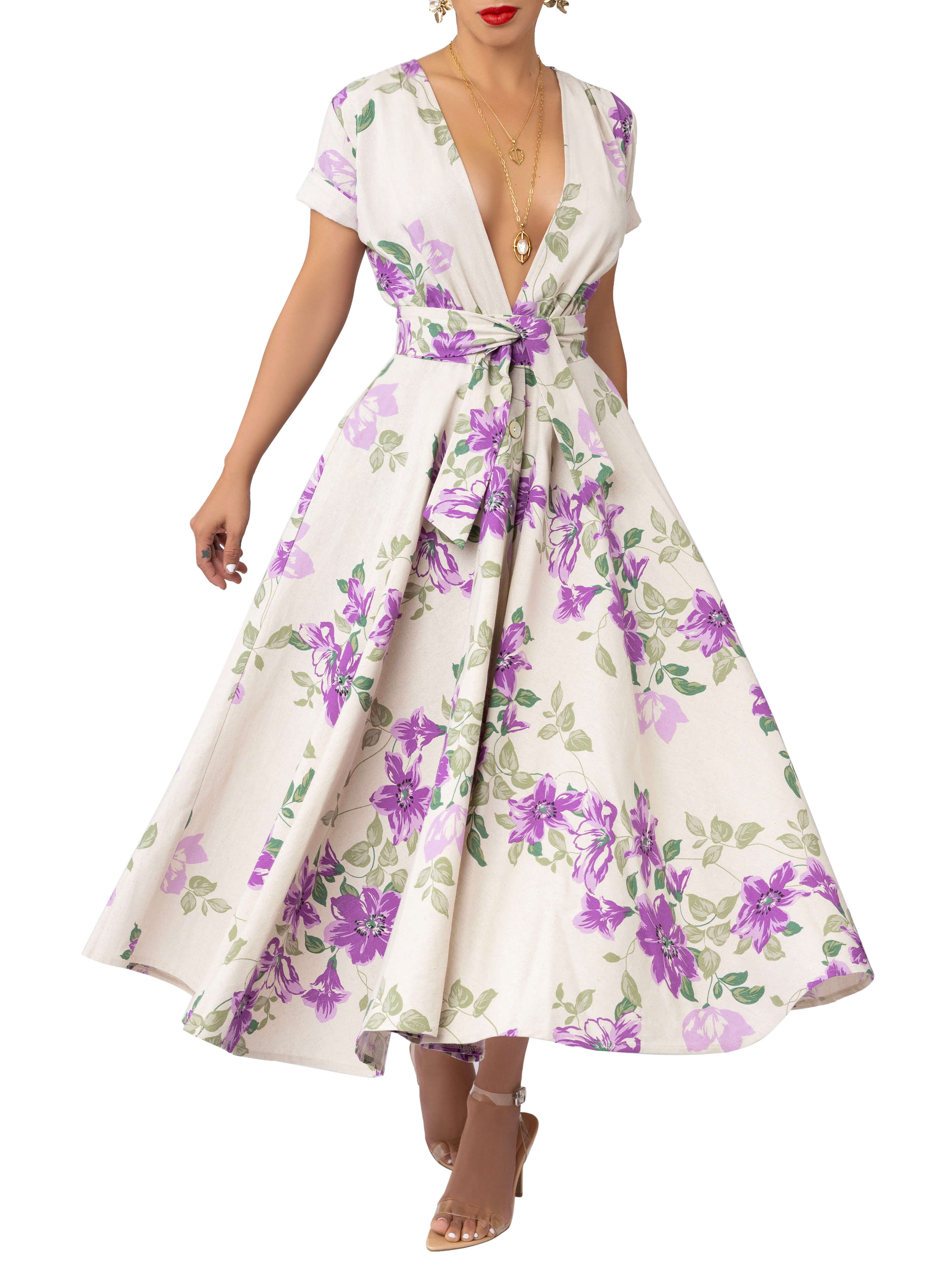 "Shirley" Lilac Floral Gathered Midi Dress - Image 3