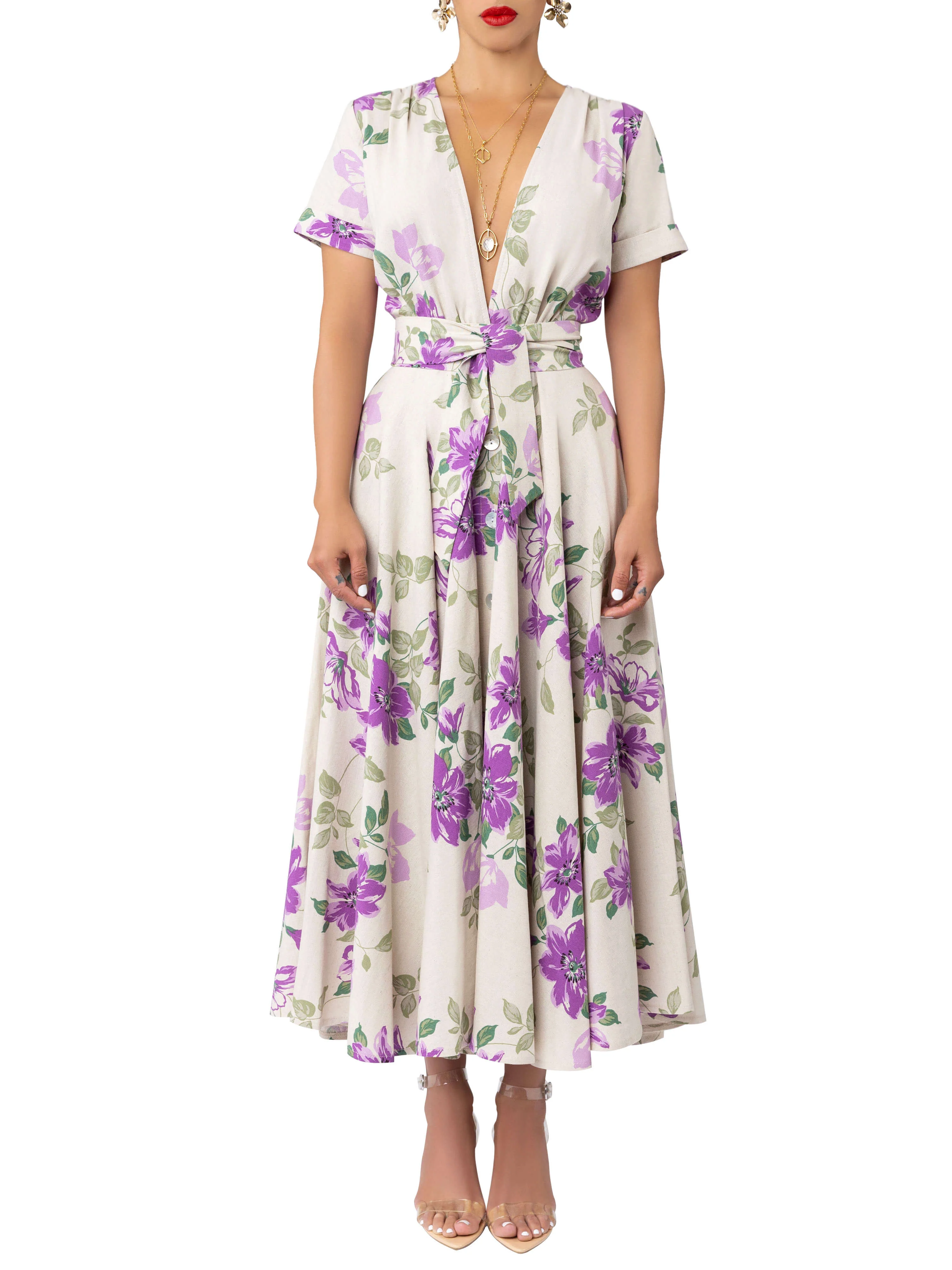 "Shirley" Lilac Floral Gathered Midi Dress - Image 4