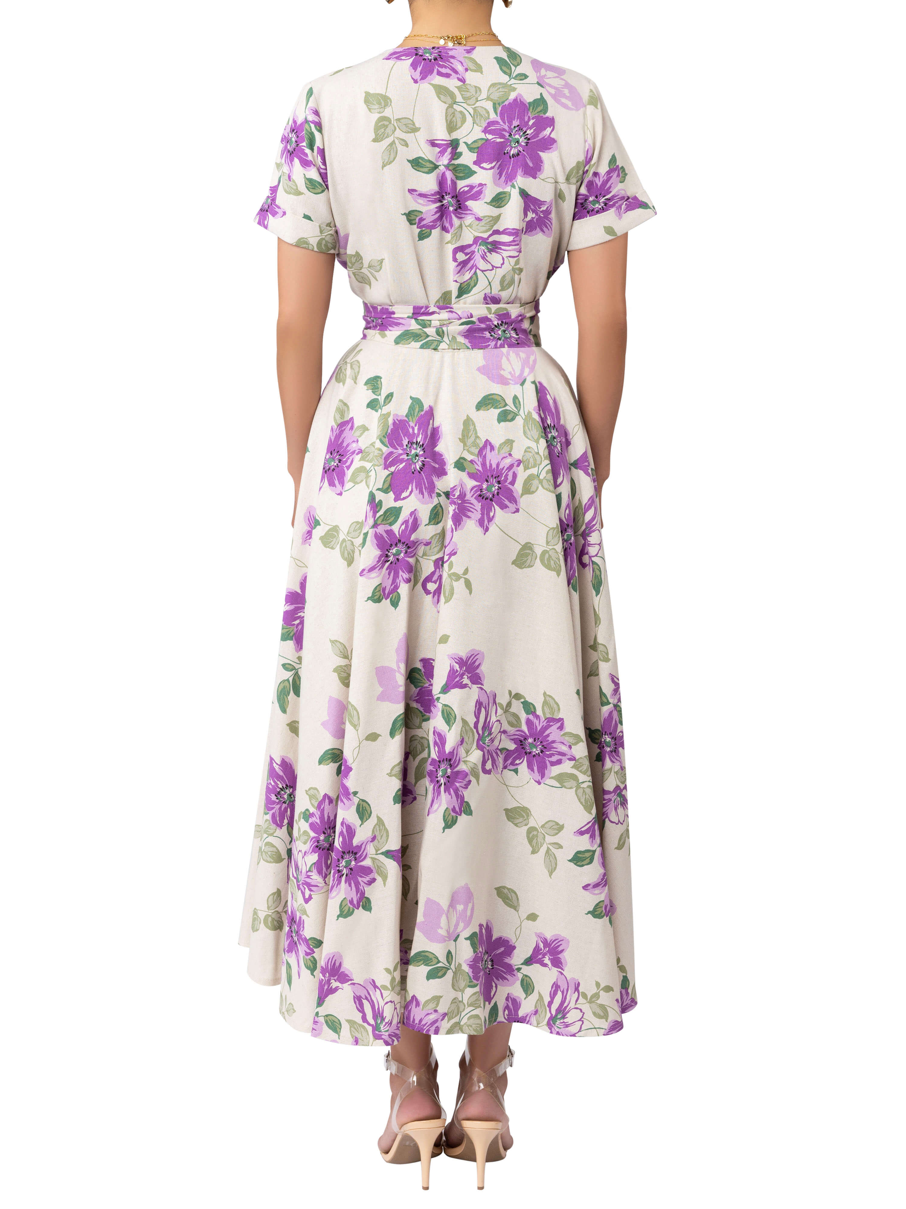 "Shirley" Lilac Floral Gathered Midi Dress - Image 6