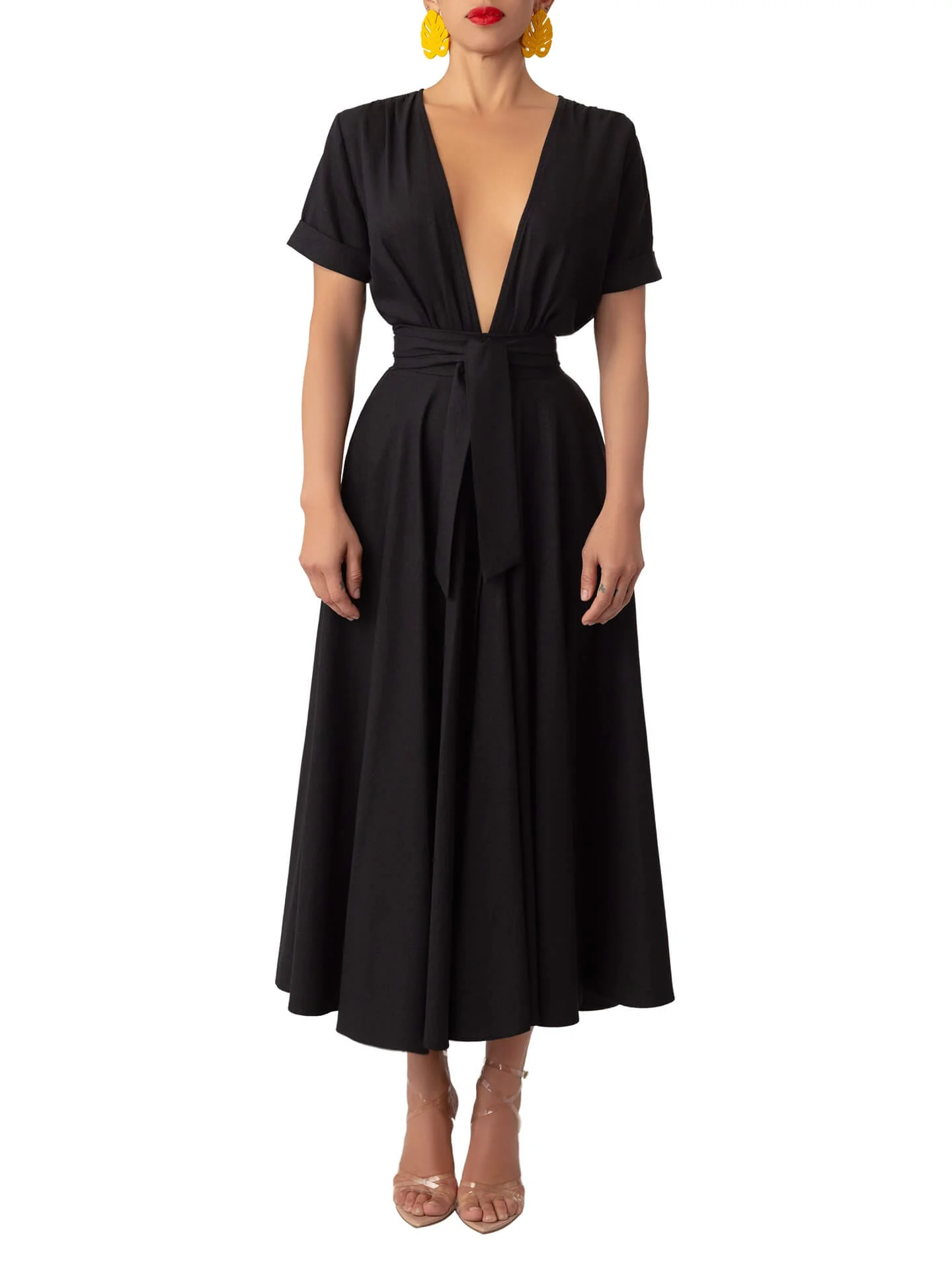 “Simi” Black Button-Down Midi Linen Swing Dress - Image 4