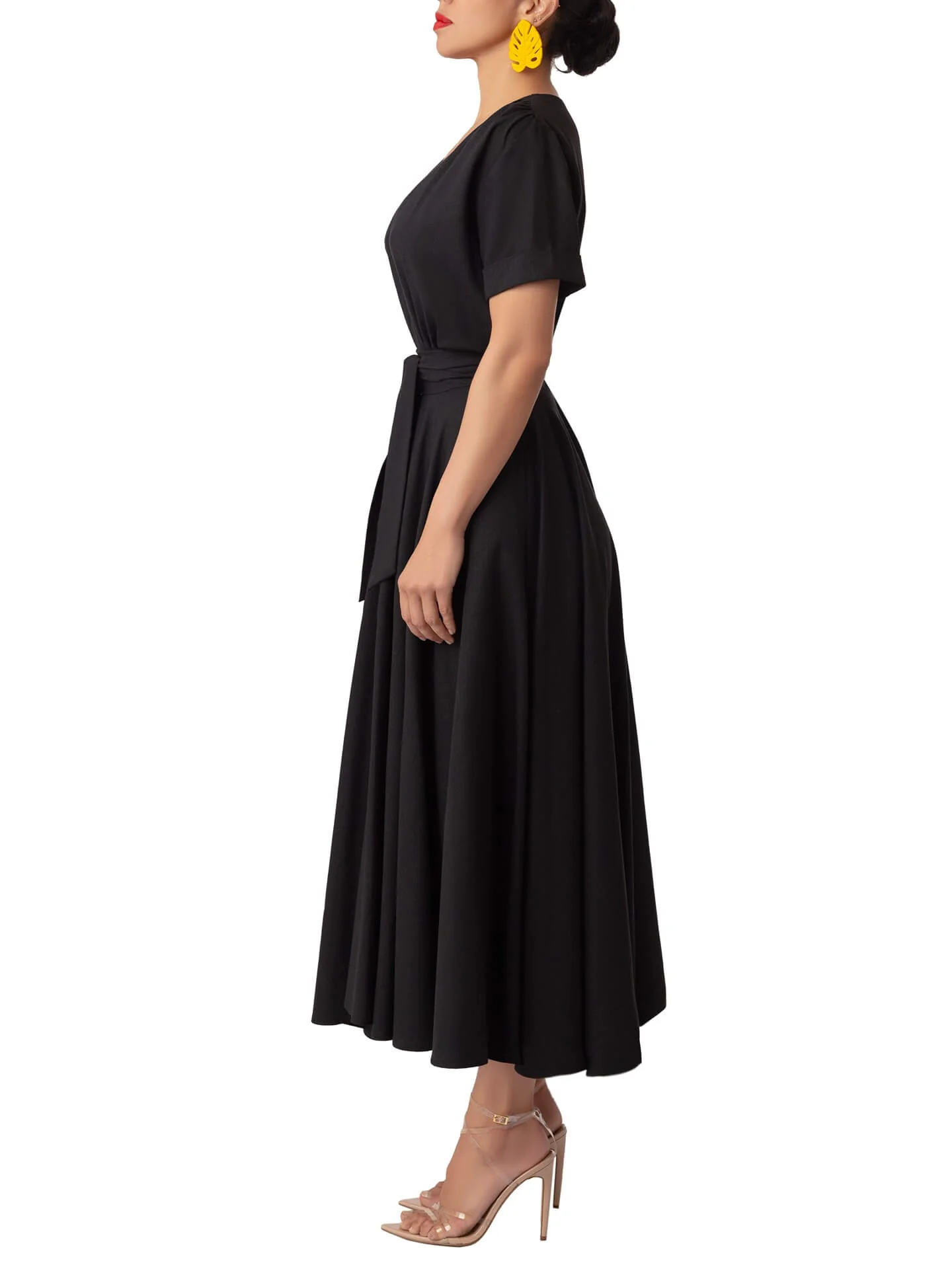 “Simi” Black Button-Down Midi Linen Swing Dress - Image 5