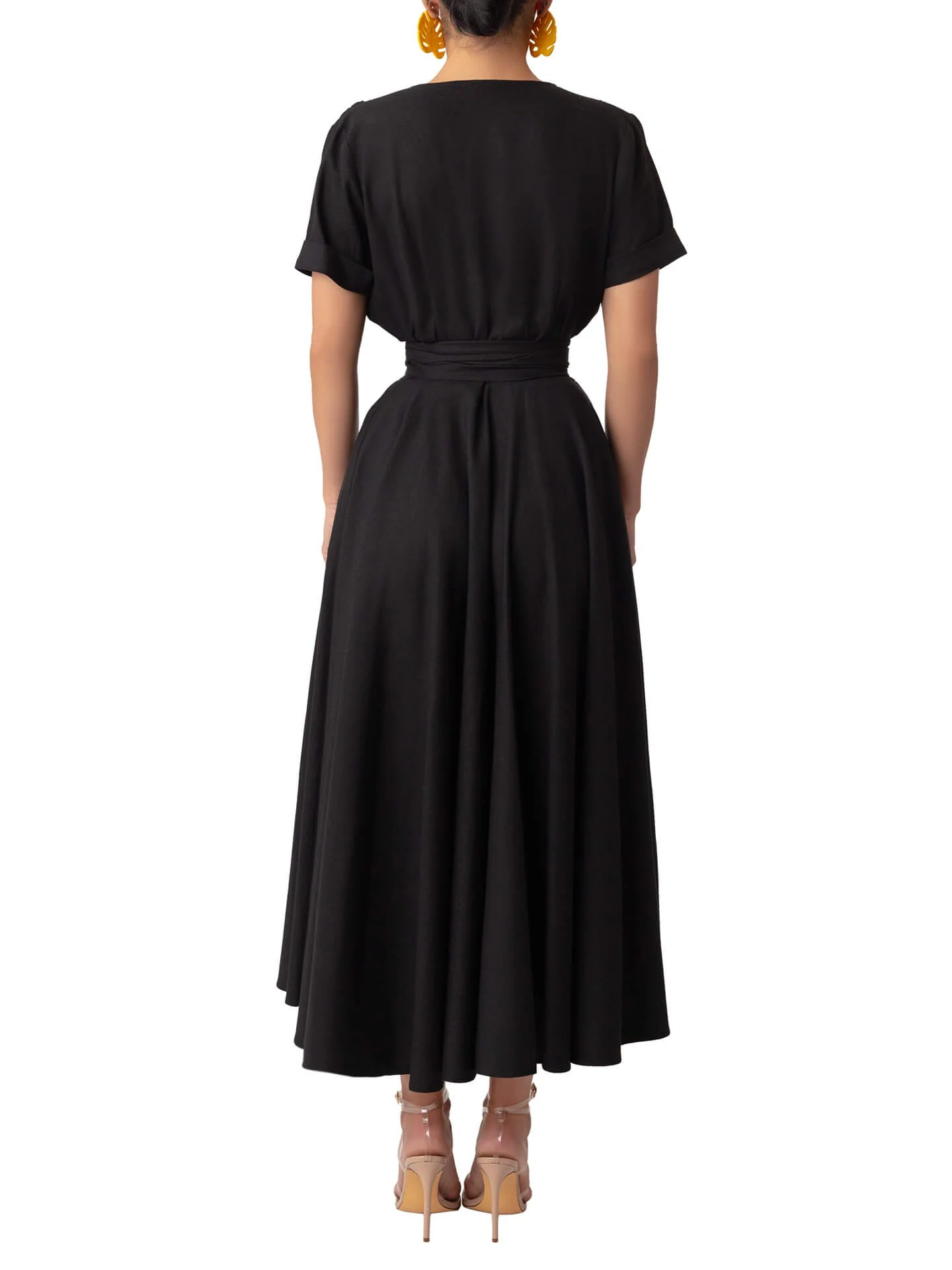 “Simi” Black Button-Down Midi Linen Swing Dress - Image 6