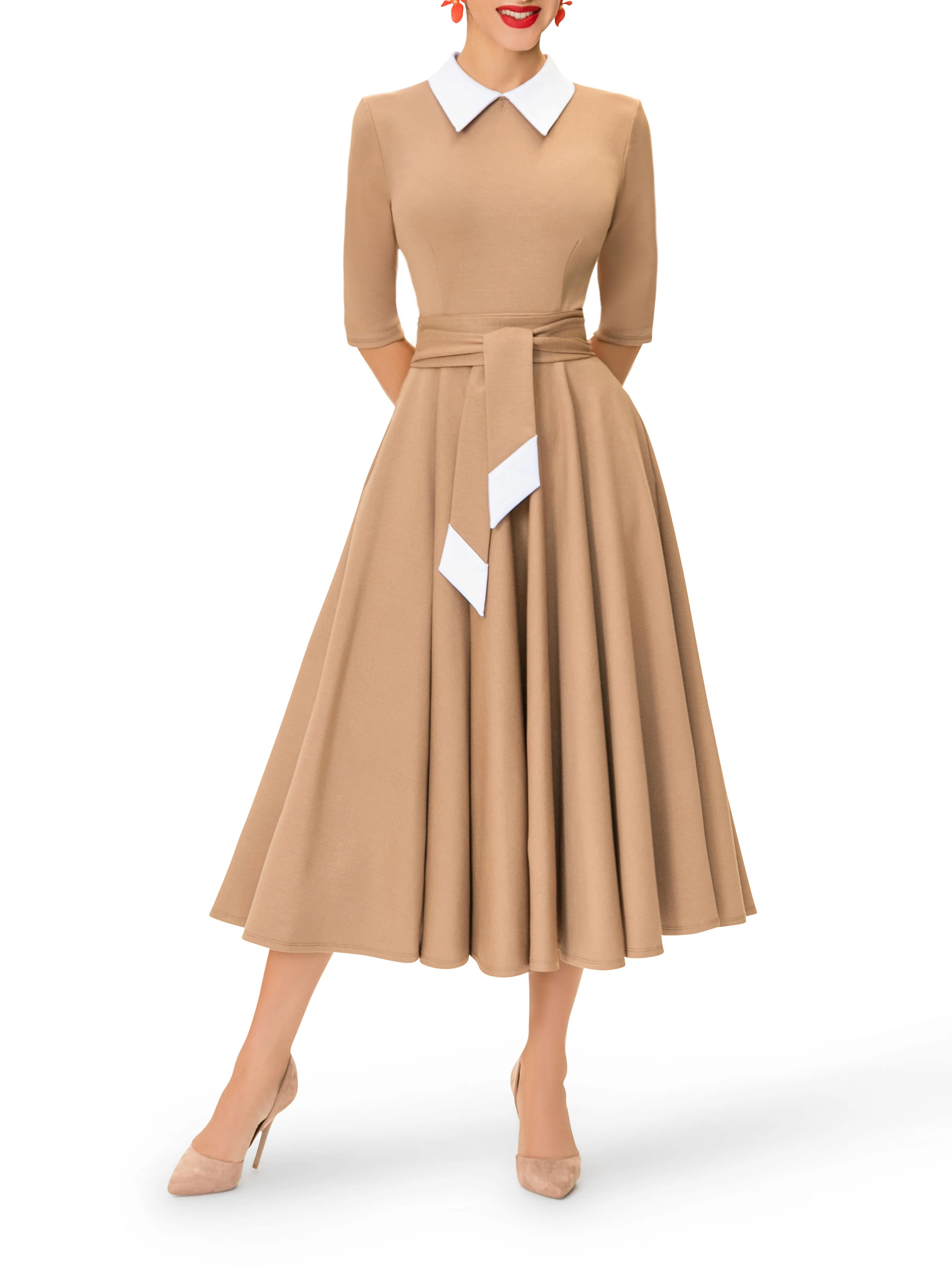 "Sofia" Taupe 50s Midi Dress