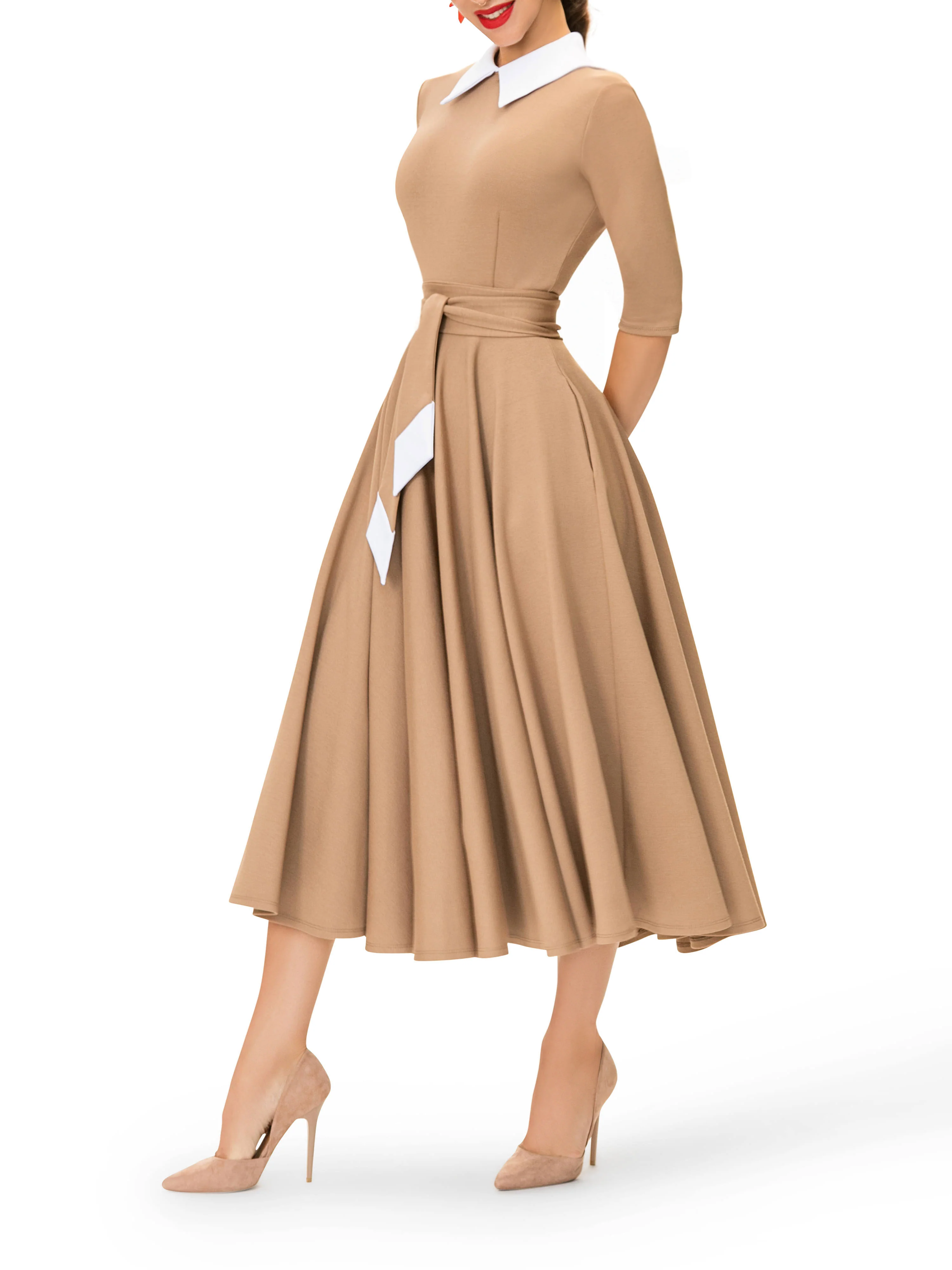 "Sofia" Taupe 50s Midi Dress - Image 4