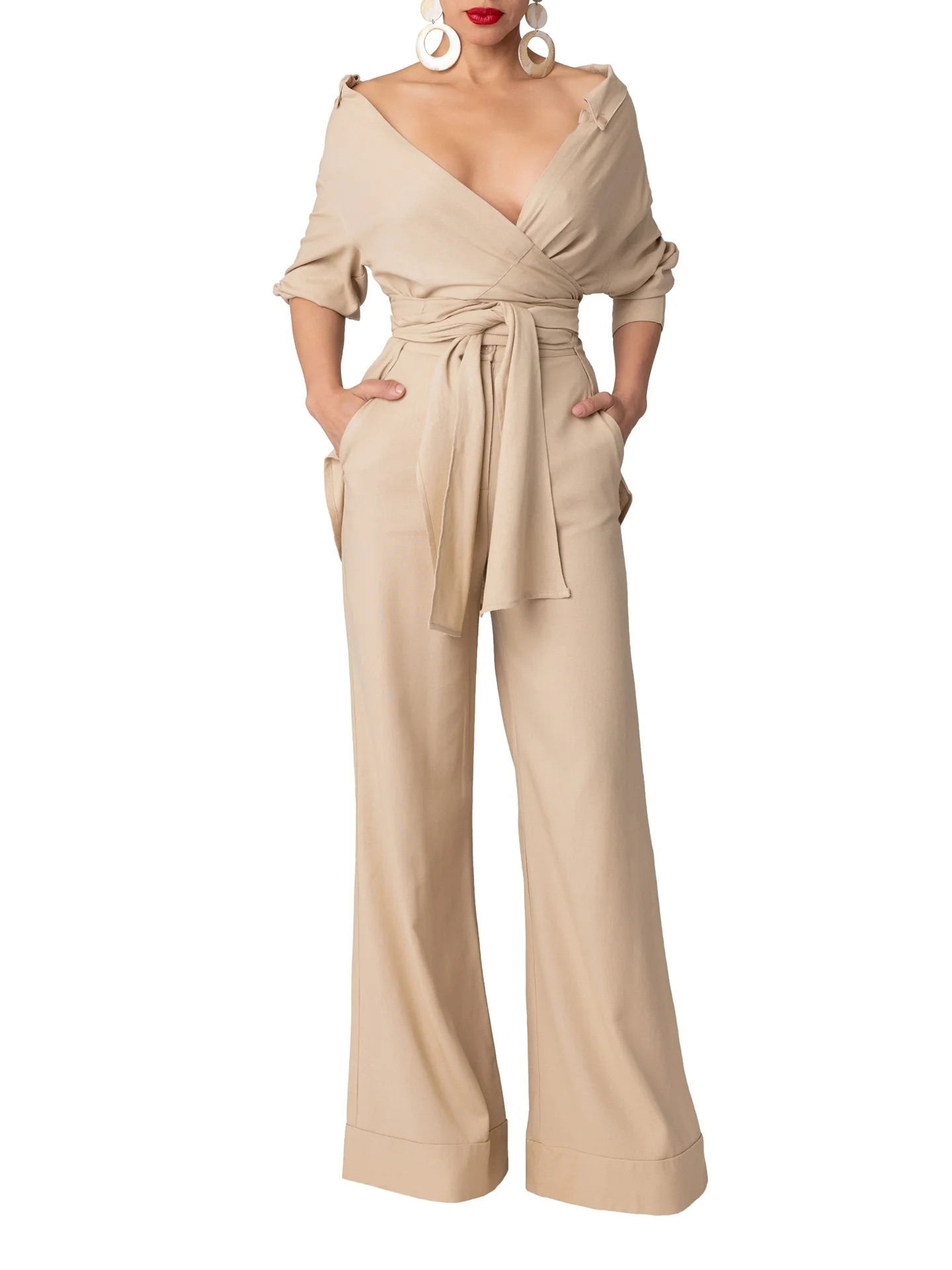 "South Beach" Tan Off-Shoulder Wrap Shirt - Image 3