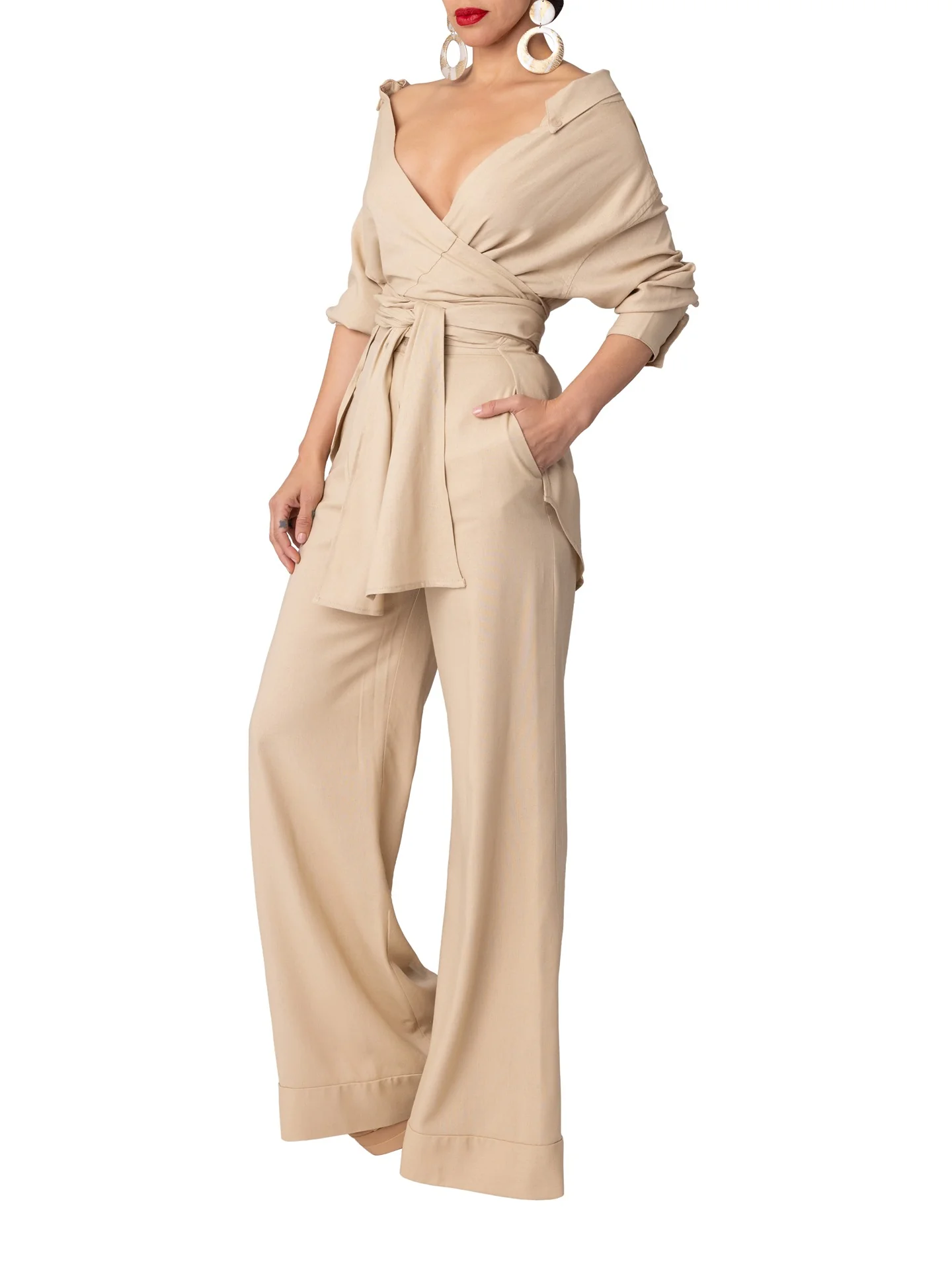 "South Beach" Tan Off-Shoulder Wrap Shirt - Image 4