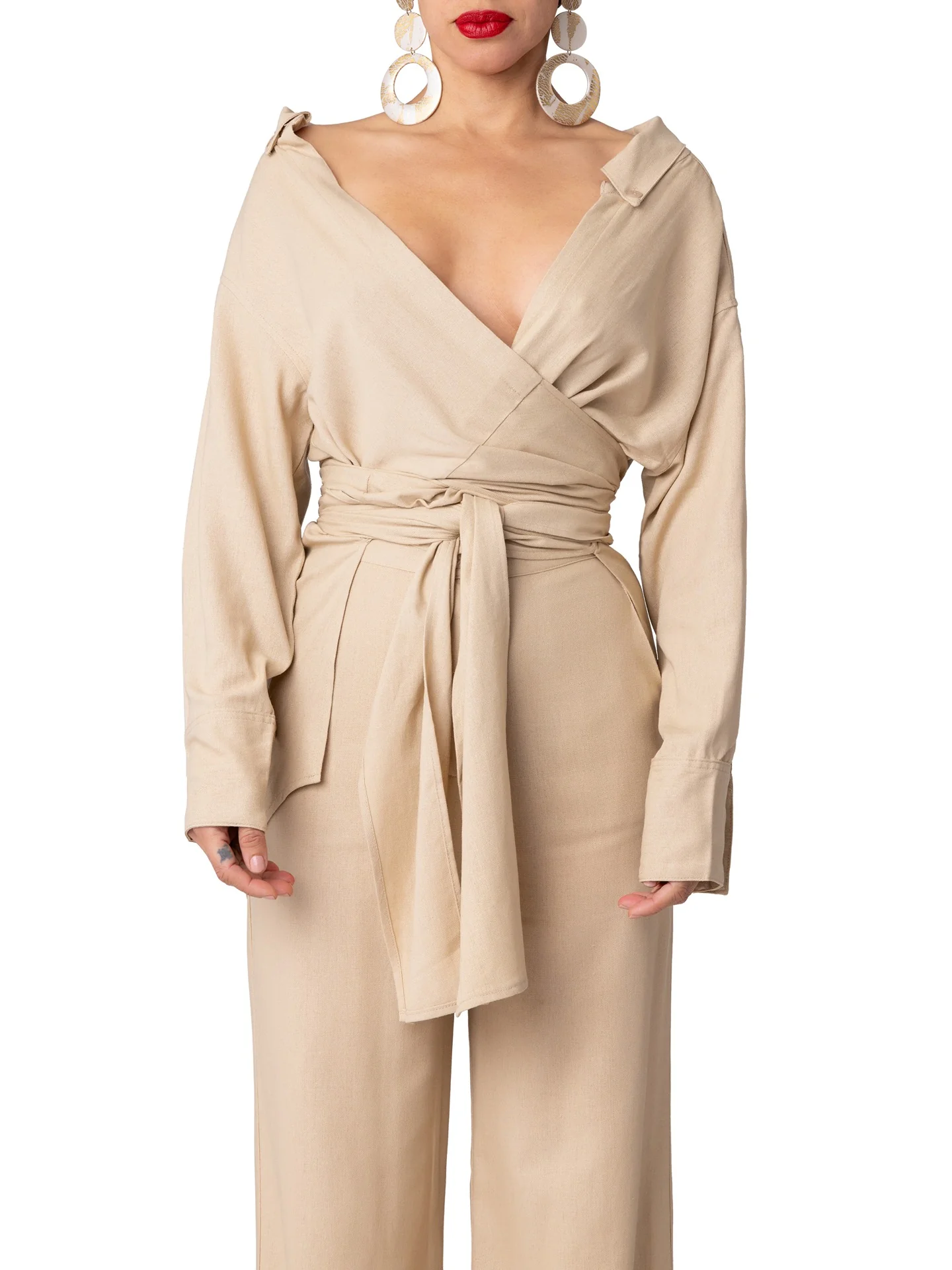 "South Beach" Tan Off-Shoulder Wrap Shirt - Image 6