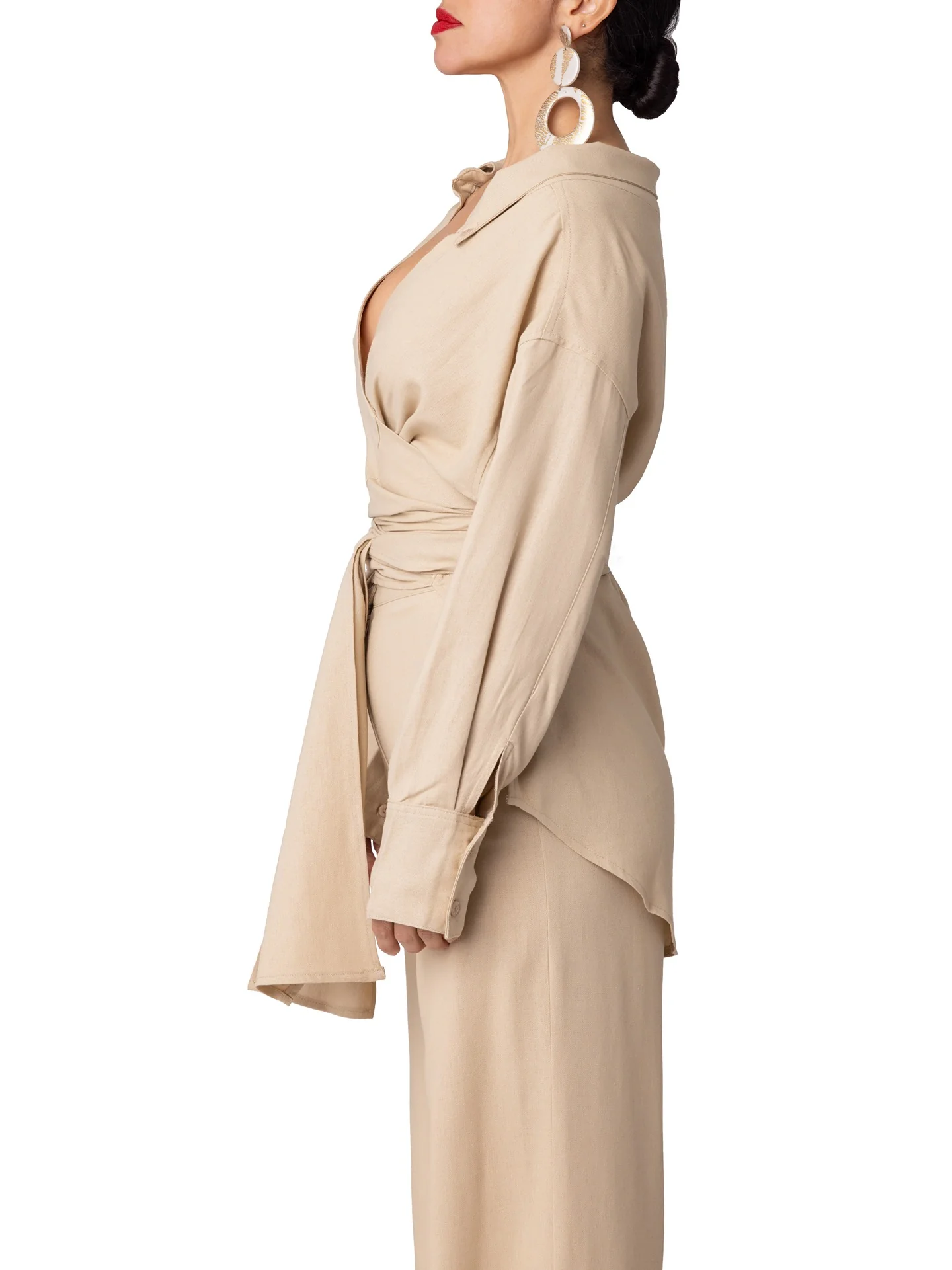 "South Beach" Tan Off-Shoulder Wrap Shirt - Image 7