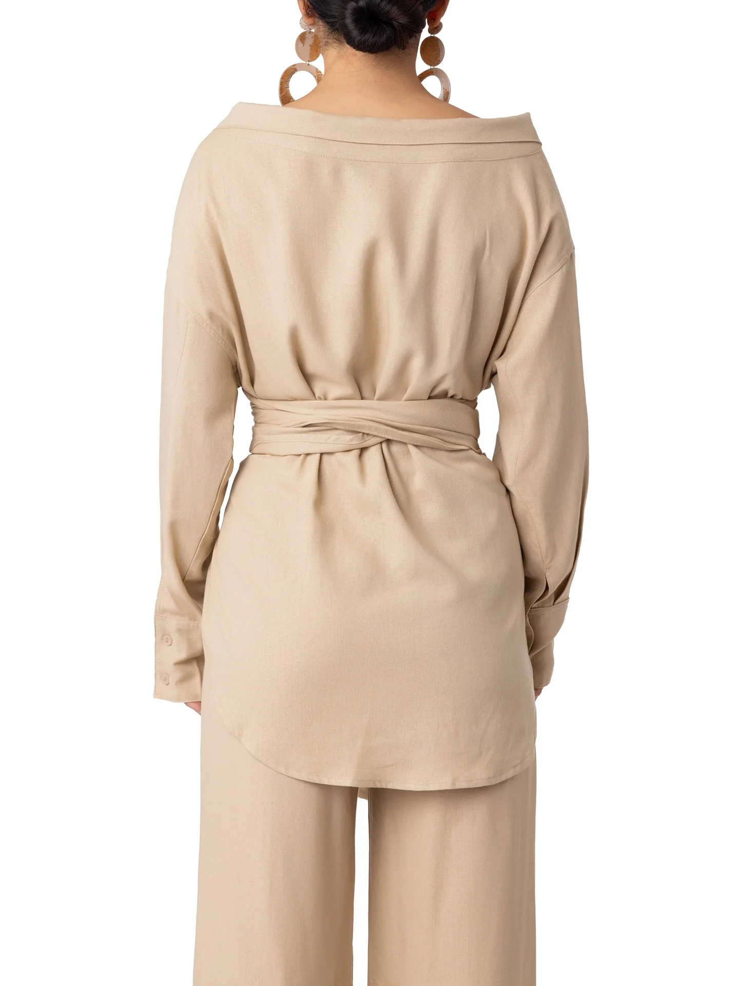"South Beach" Tan Off-Shoulder Wrap Shirt - Image 8