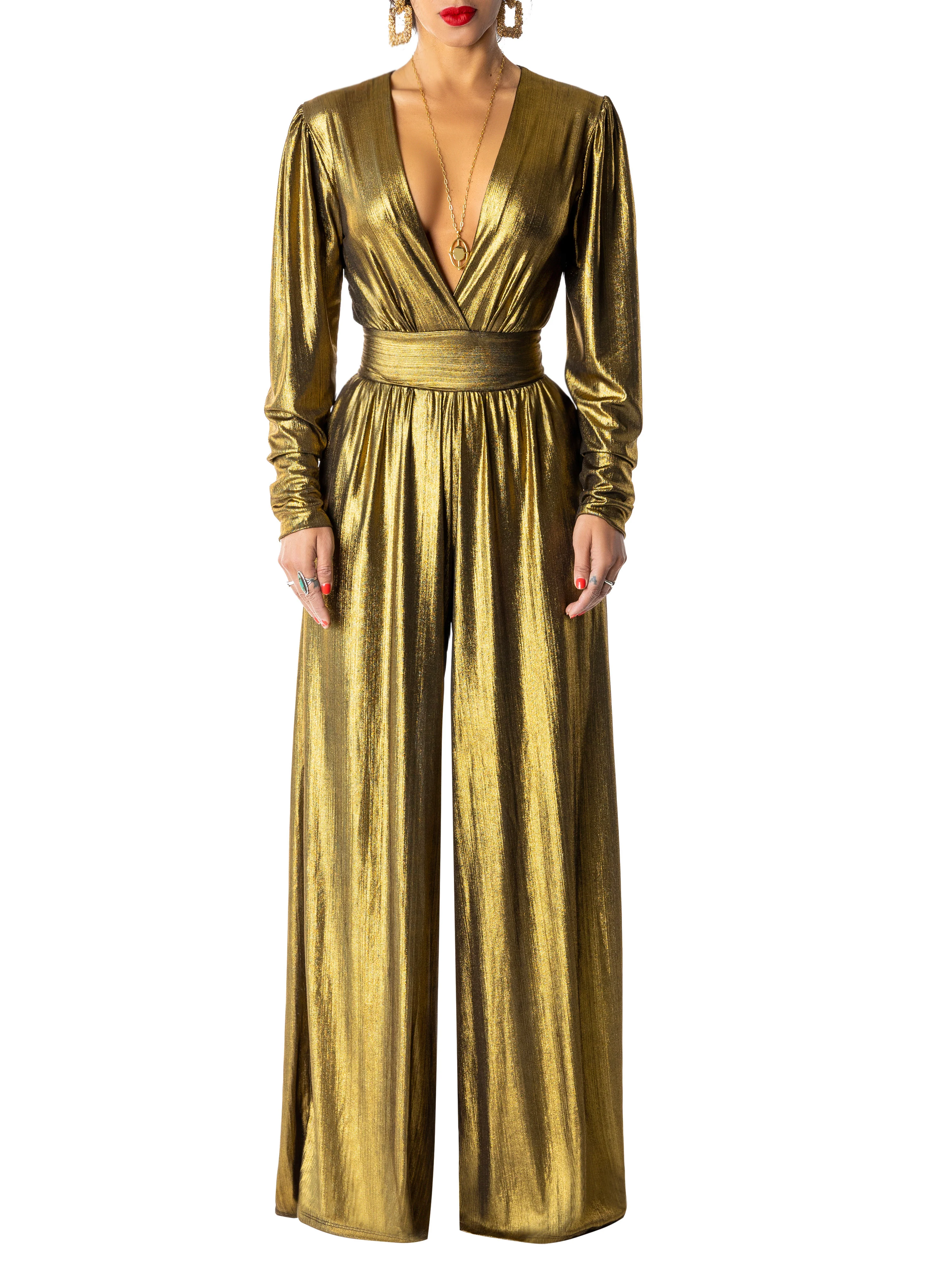 "Sparkles" Gold V-Neck Jumpsuit - Image 4