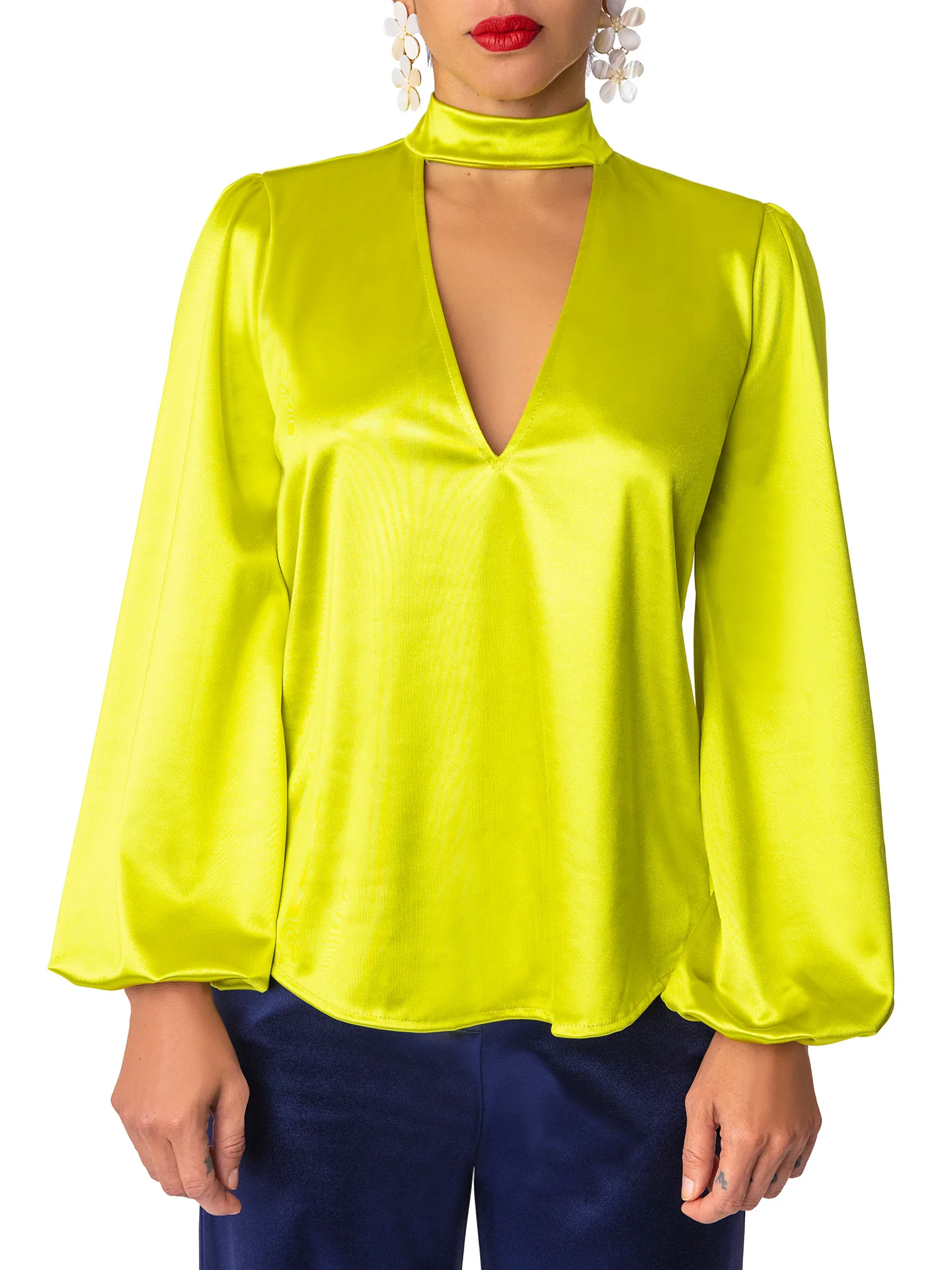 "Sphene"  Chartreuse Keyhole Billow Sleeve Top - Image 3