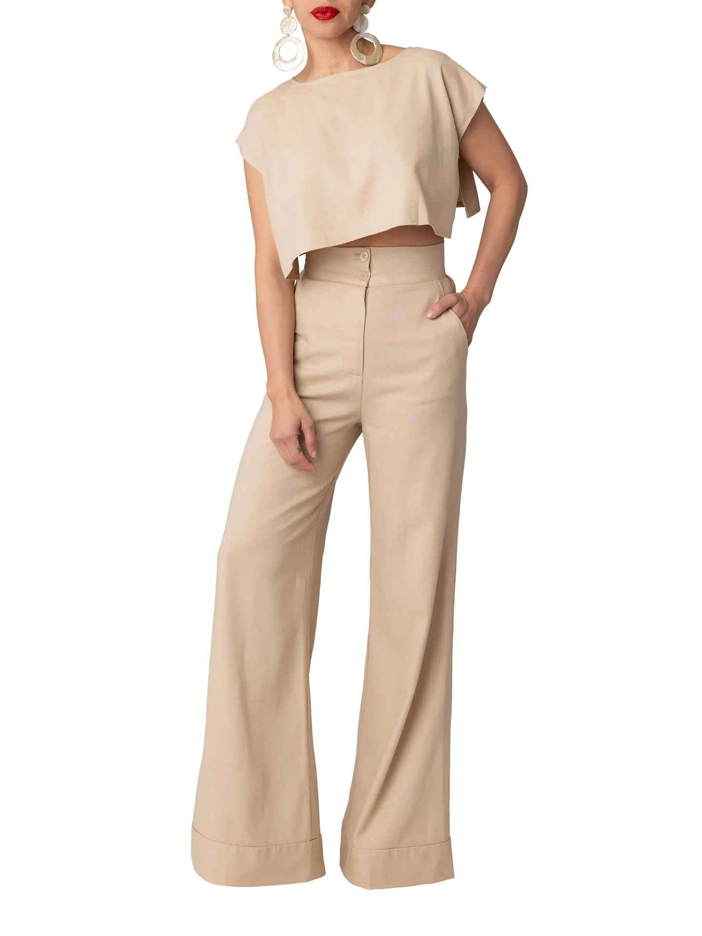 "Sting Ray" Tan High Waist Wide Leg Pants - Image 4