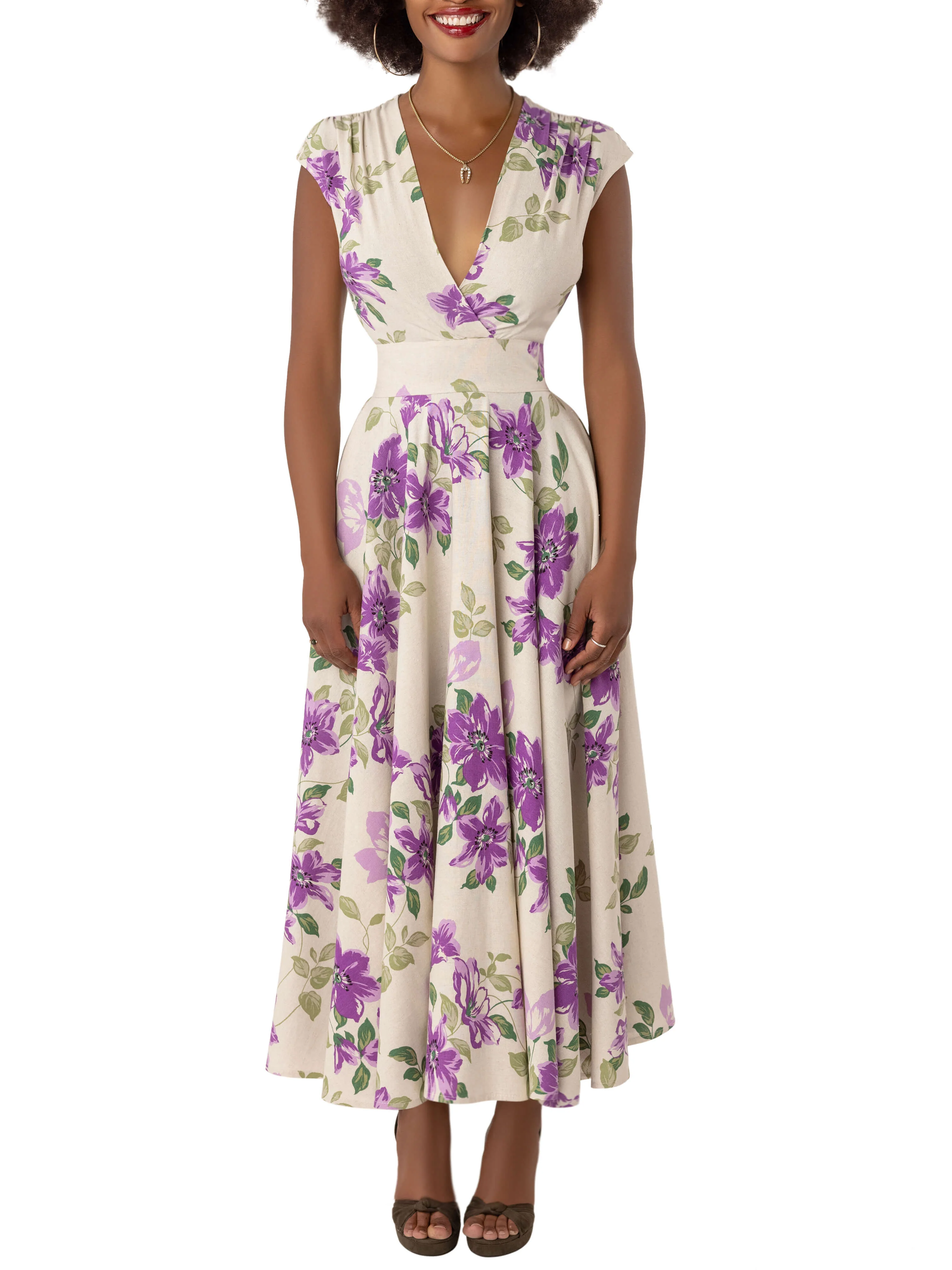 "Sylvia" Floral Lilac V- Neck Swing Dress - Image 3