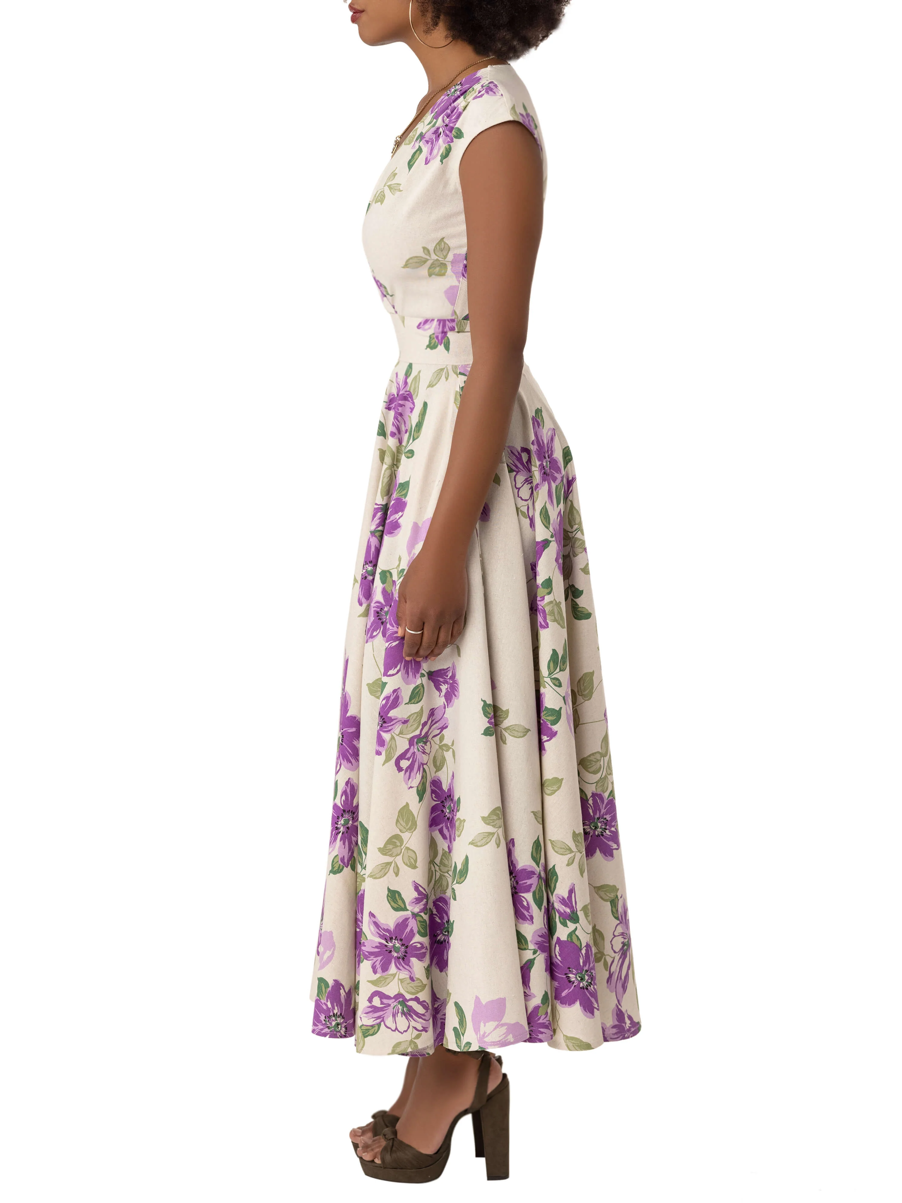 "Sylvia" Floral Lilac V- Neck Swing Dress - Image 4