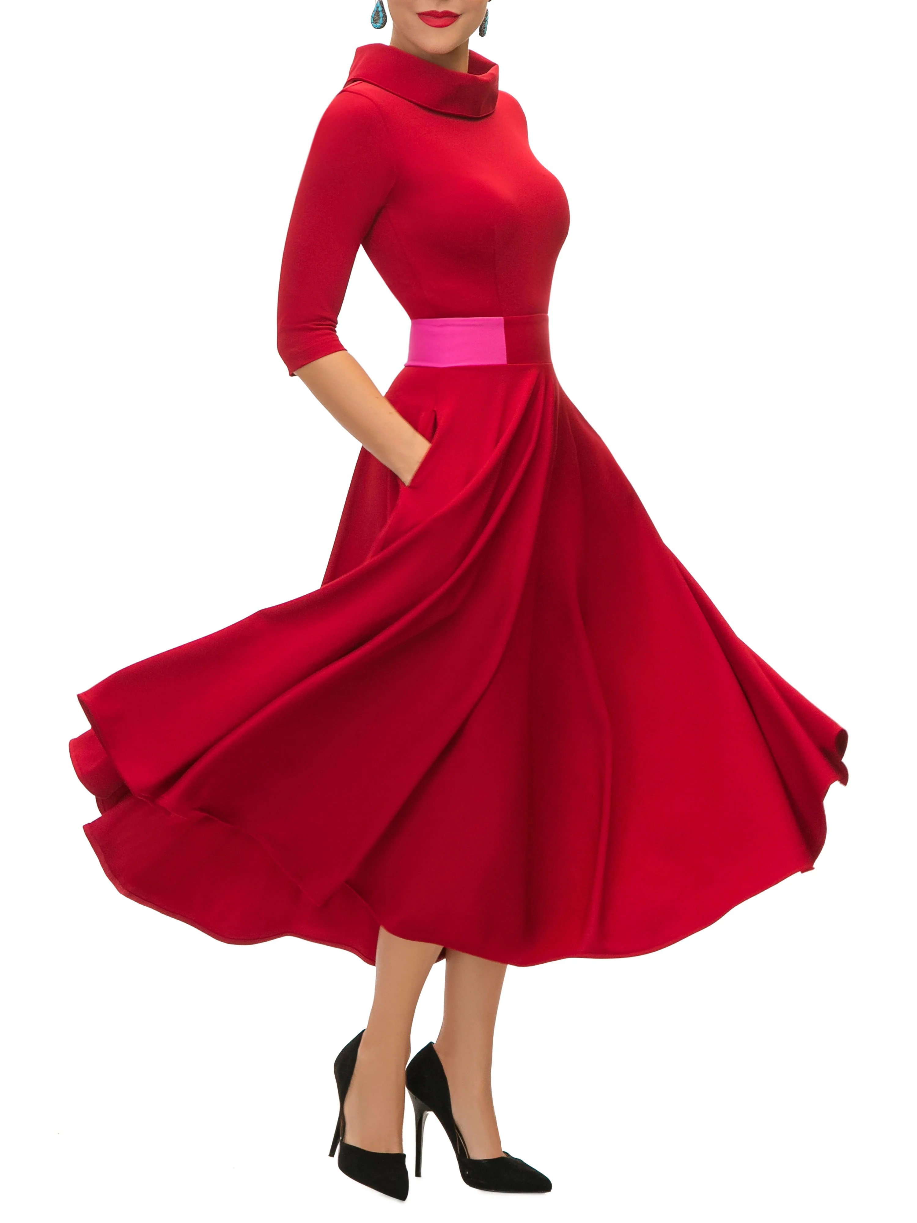 "Tara" Deep Red/Magenta Contrast Waist Swing Dress