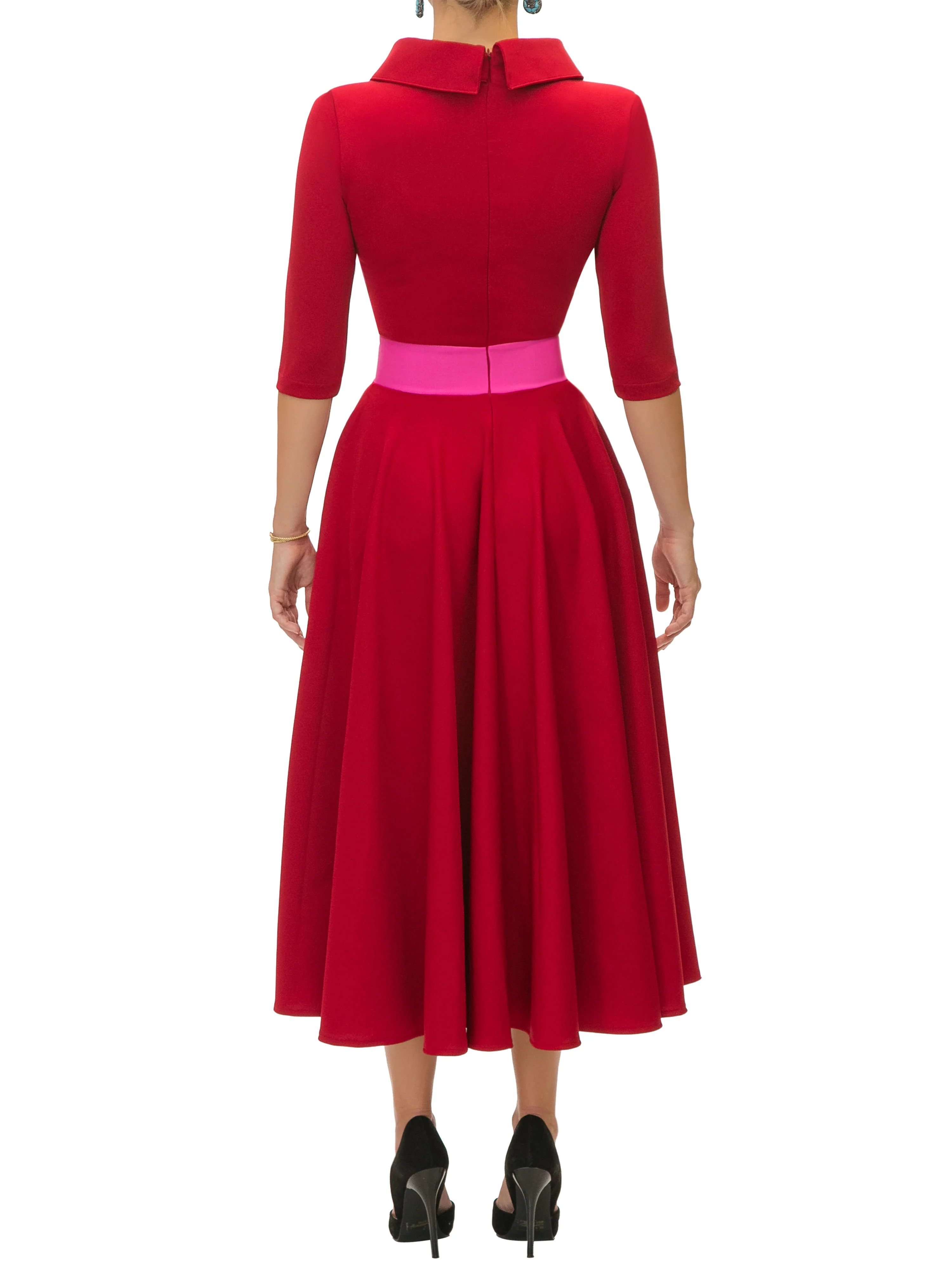 "Tara" Deep Red/Magenta Contrast Waist Swing Dress - Image 6