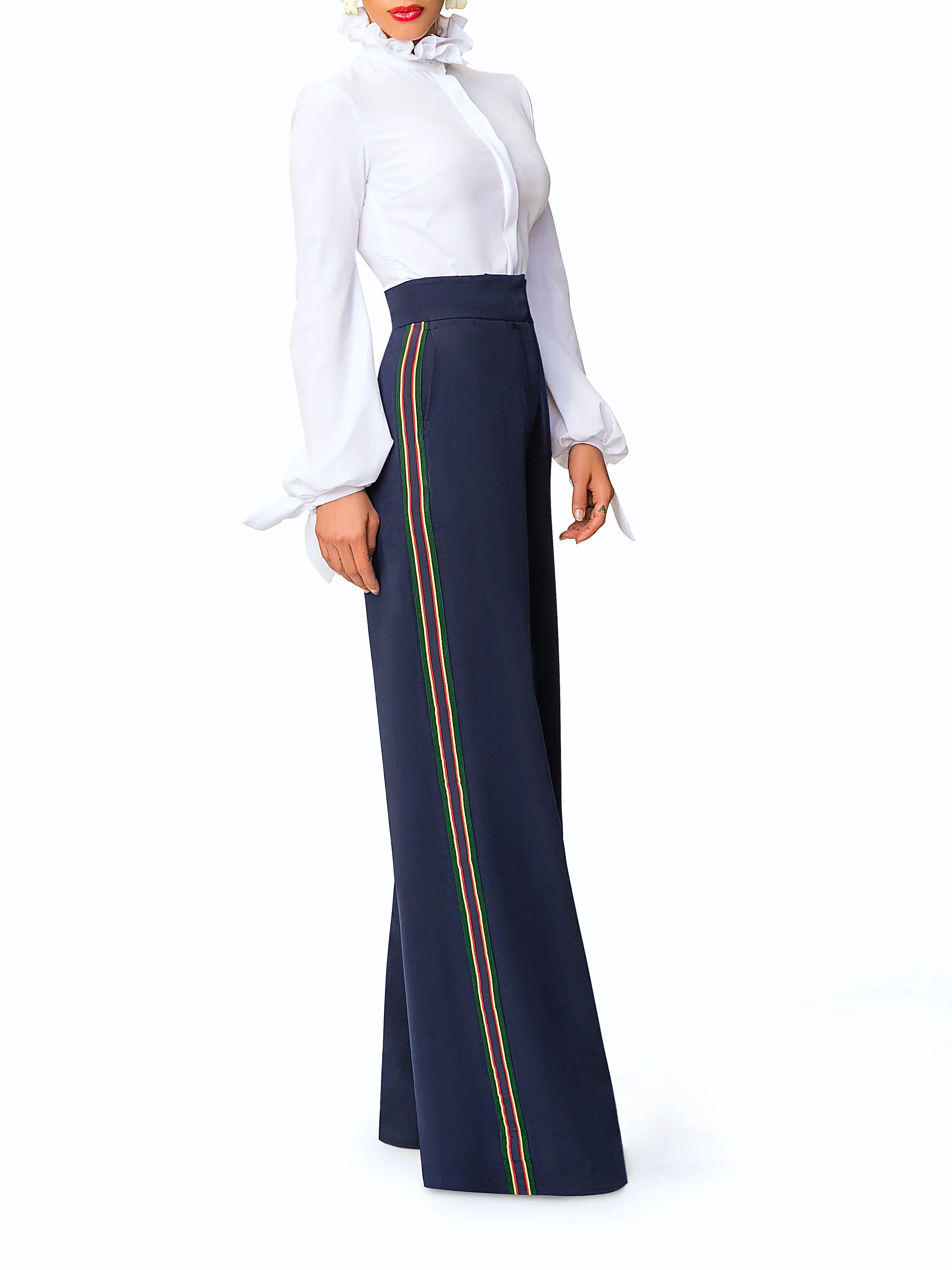 "Tatiana" Navy High Waist Pants w/ Tuxedo Detail - Image 3