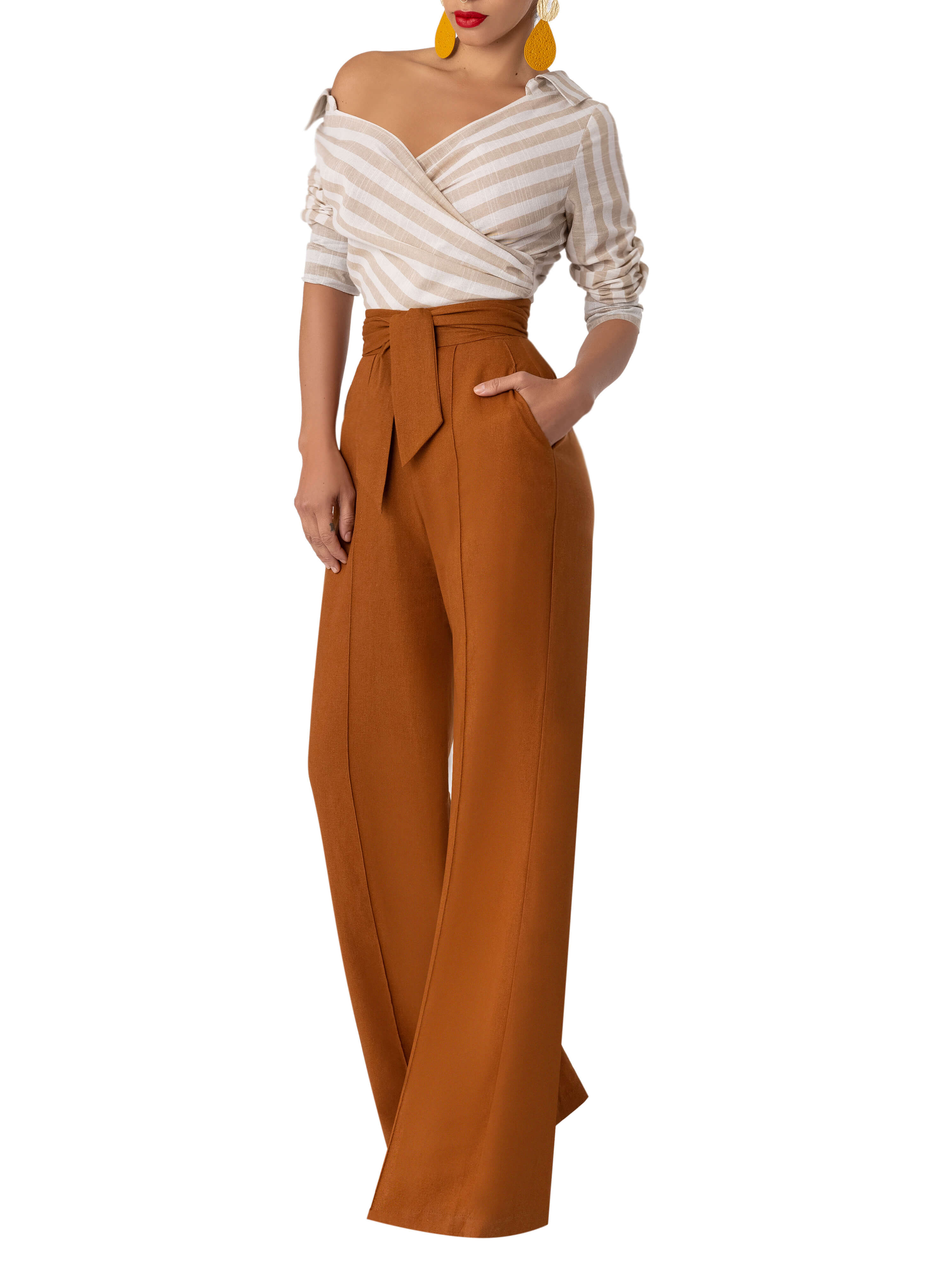 "Terra" Stripe/Cognac Colorblock Jumpsuit - Image 3