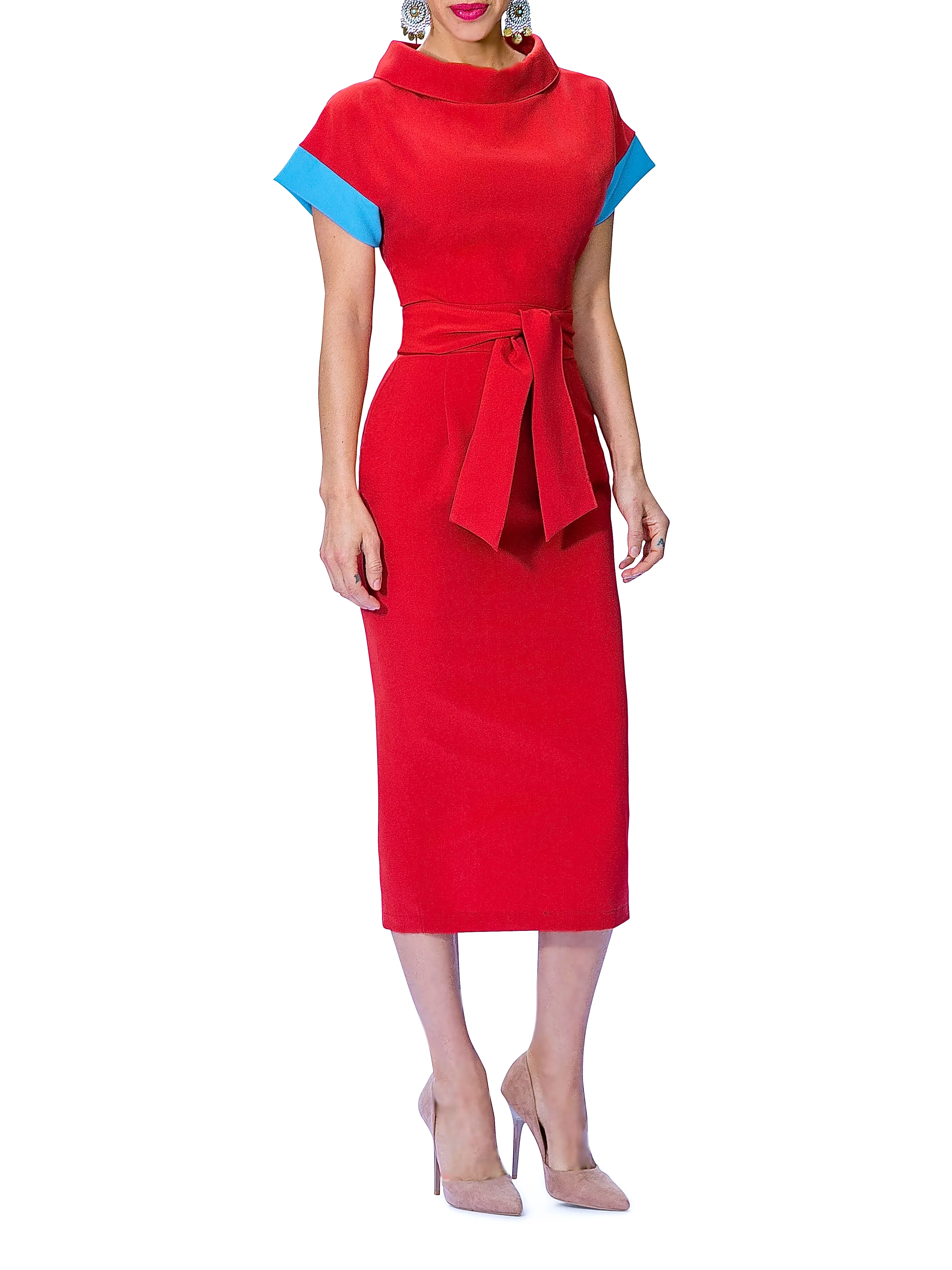 "Thalia" Folded Neck Dress w/Contrast Sleeves - Image 2