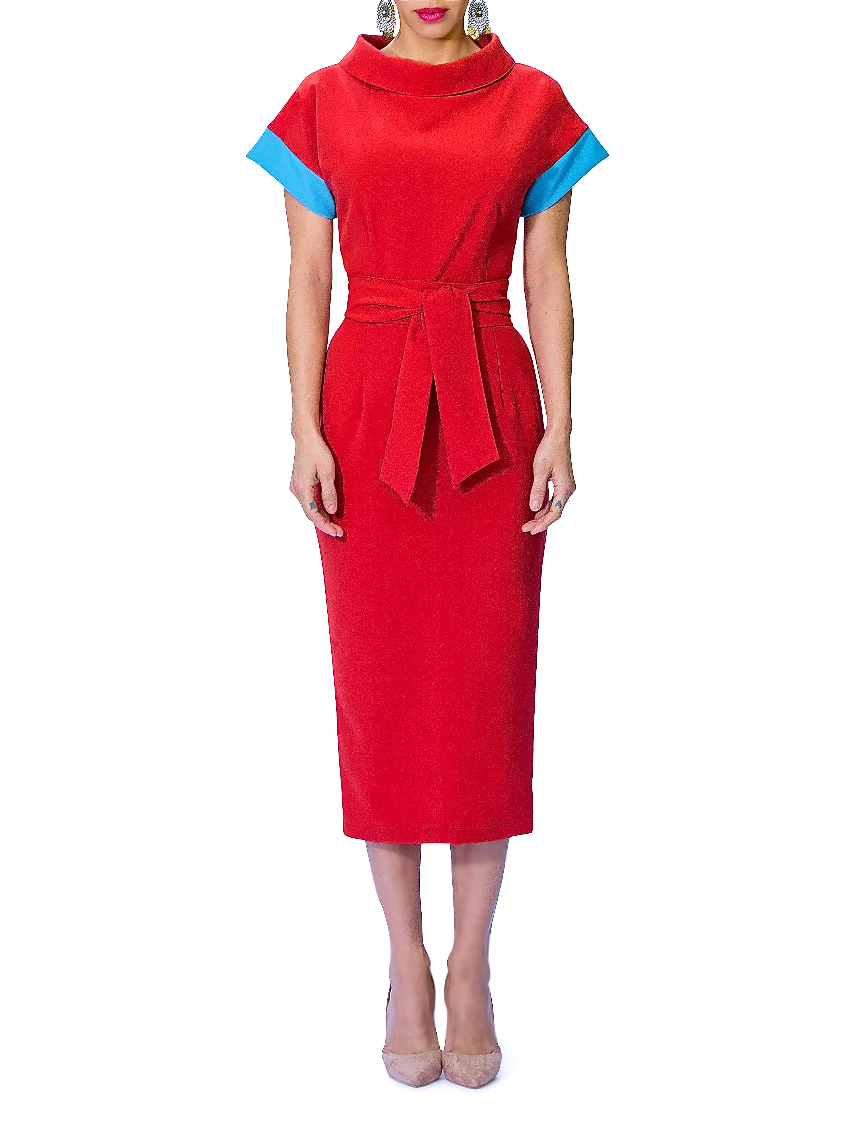 "Thalia" Folded Neck Dress w/Contrast Sleeves - Image 4