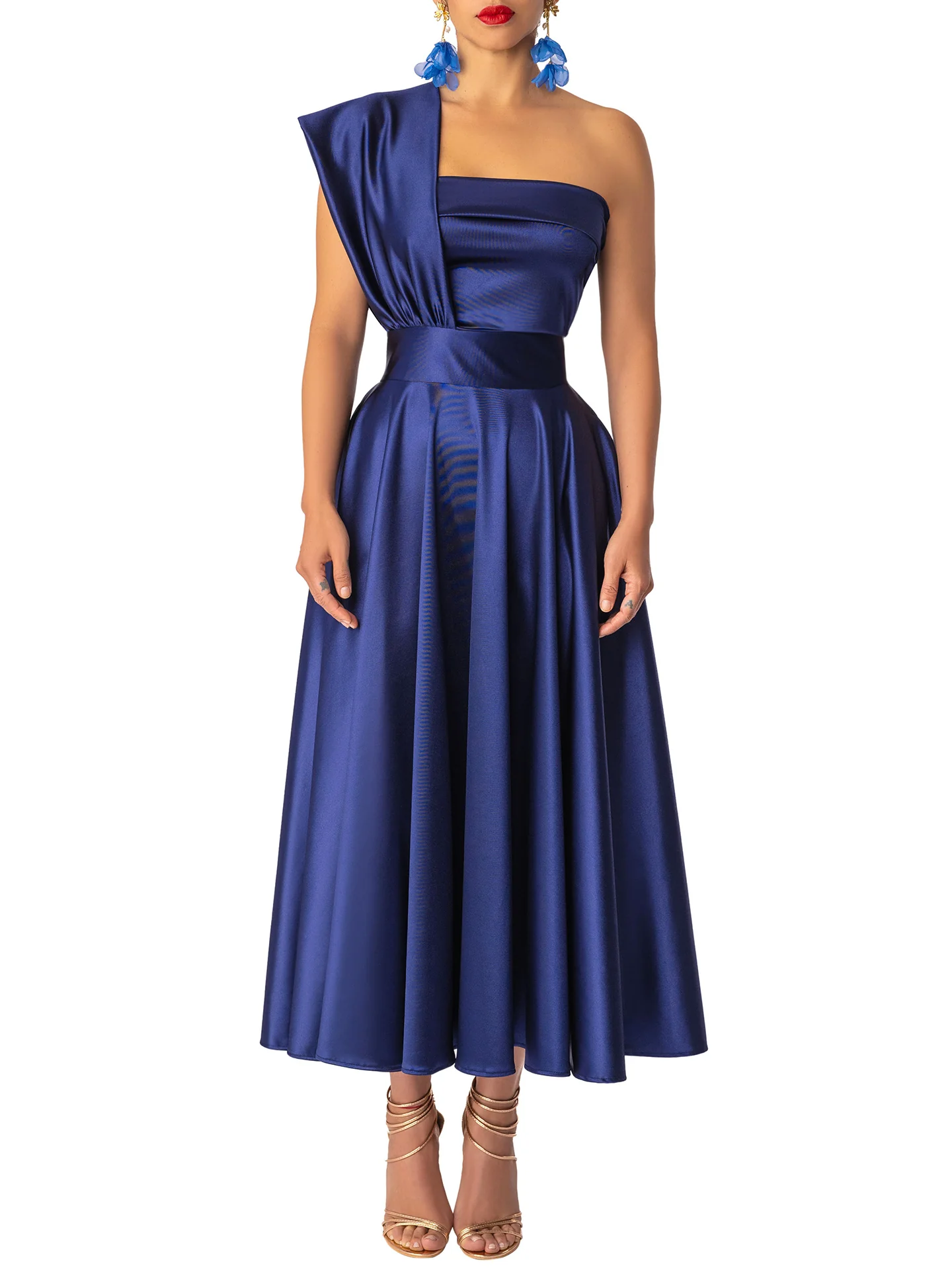 "Topaz" Navy One Shoulder Dress - Image 3