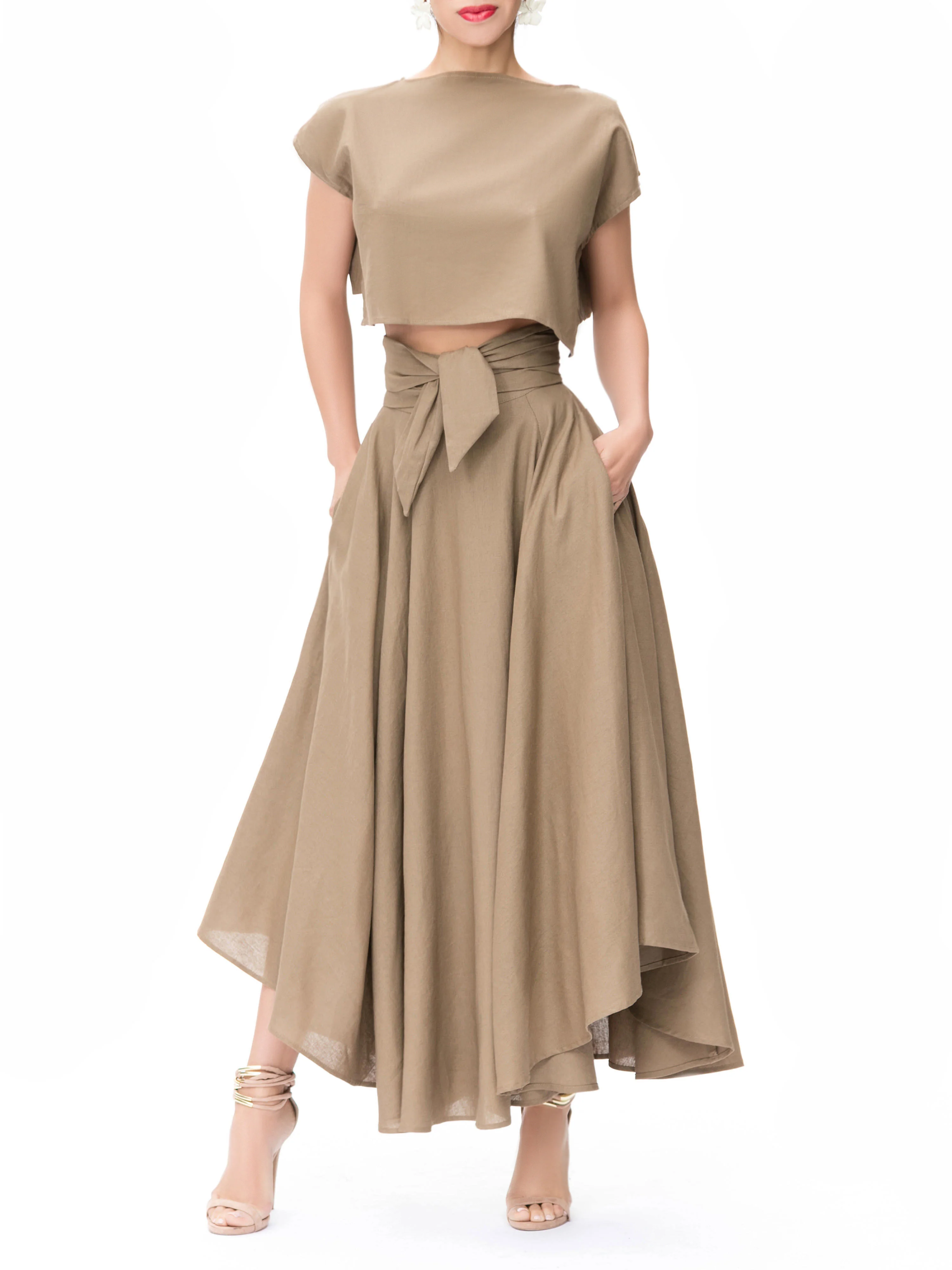 "Tulum" Khaki Belted Midi Swing Skirt - Image 2