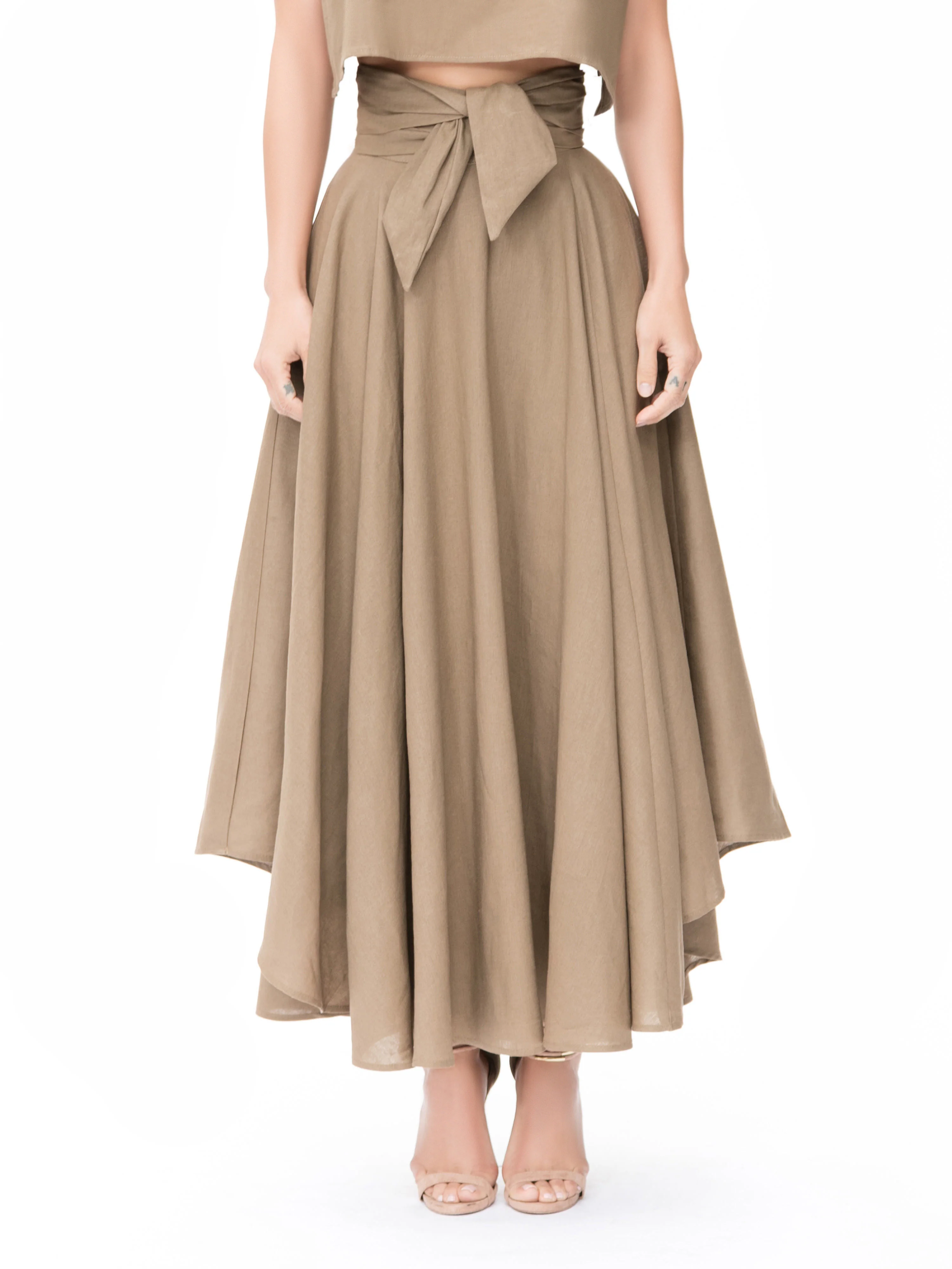 "Tulum" Khaki Belted Midi Swing Skirt - Image 5