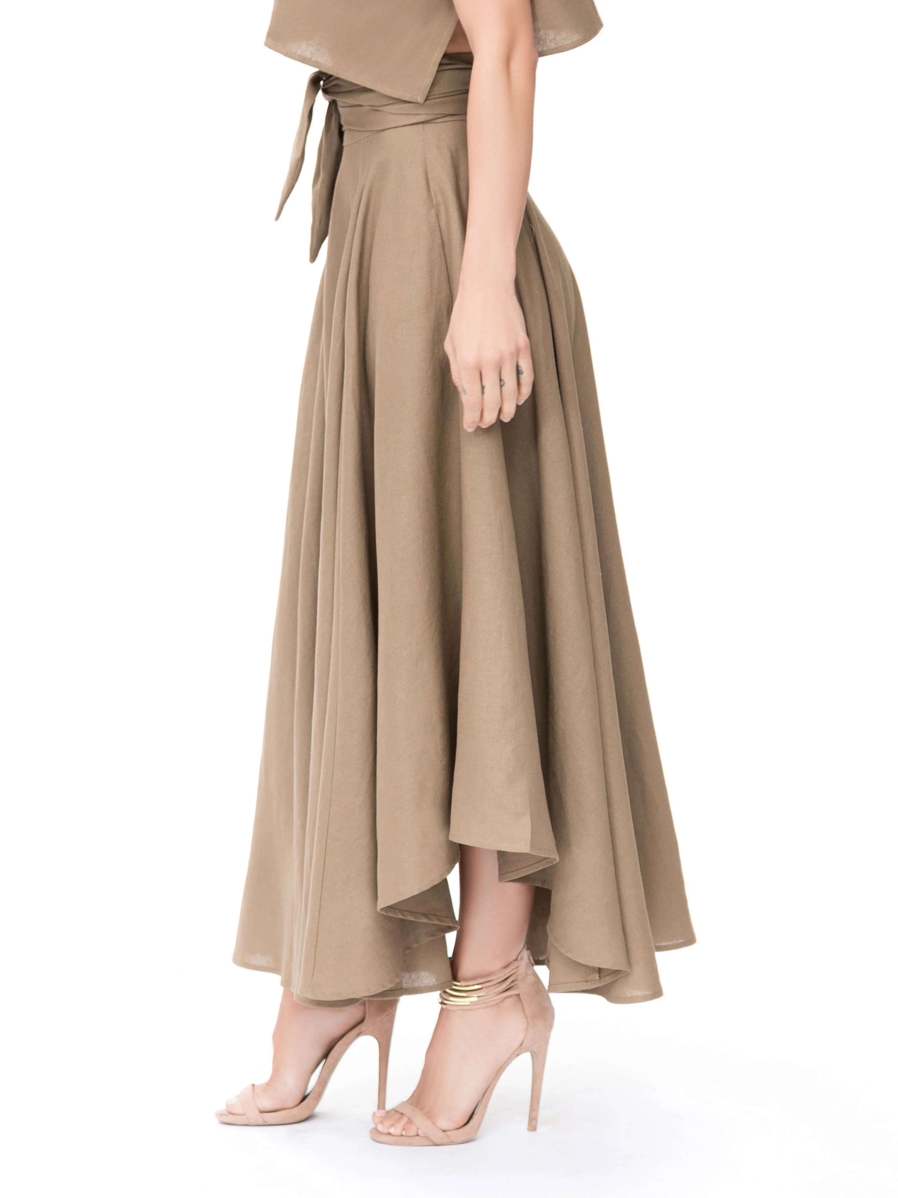 "Tulum" Khaki Belted Midi Swing Skirt - Image 6