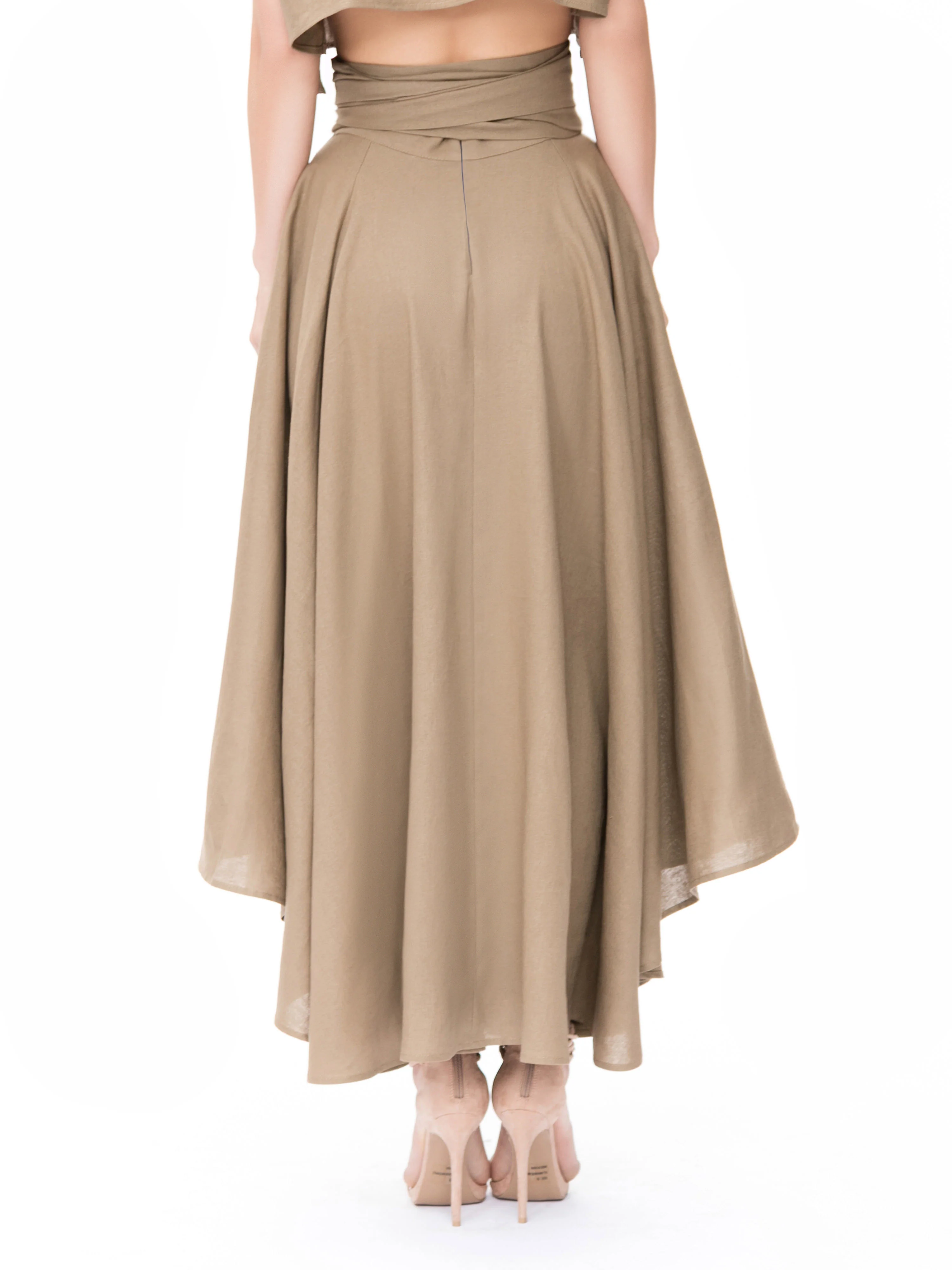 "Tulum" Khaki Belted Midi Swing Skirt - Image 7
