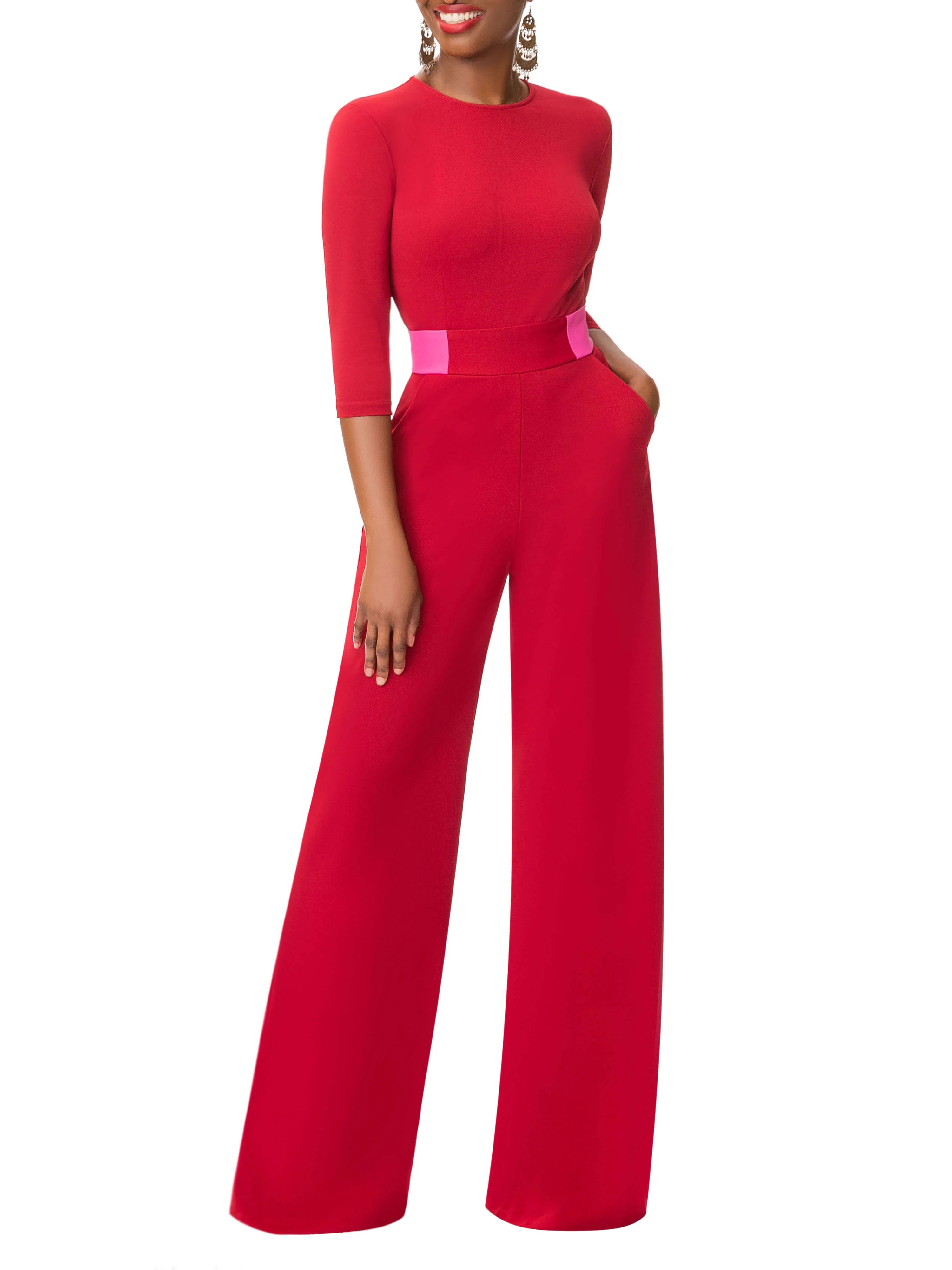 "Uche" Deep Red/Magenta Contrast Waist Jumpsuit