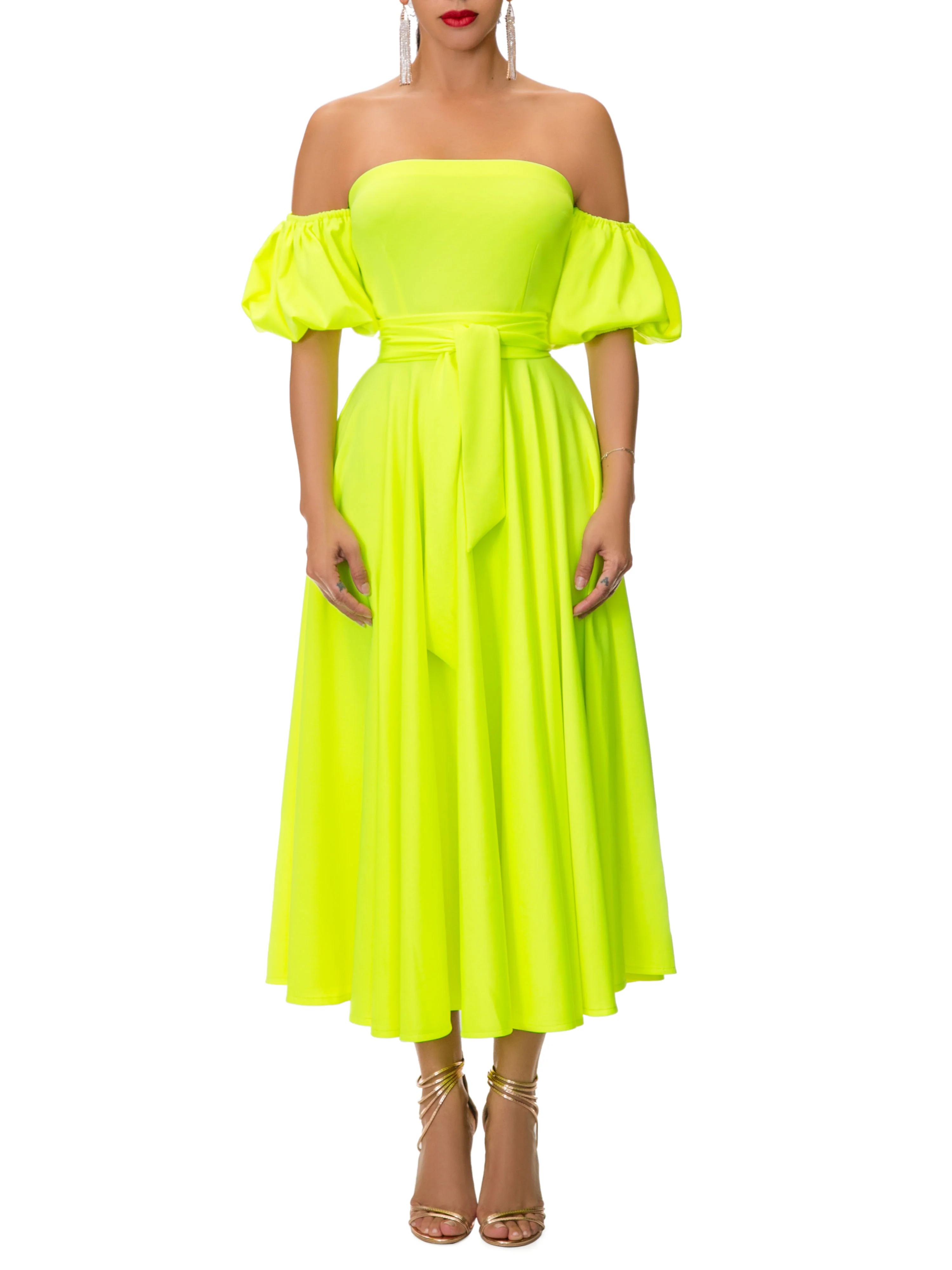 "Vanity" Neon Yellow Off-Shoulder Dress - Image 3