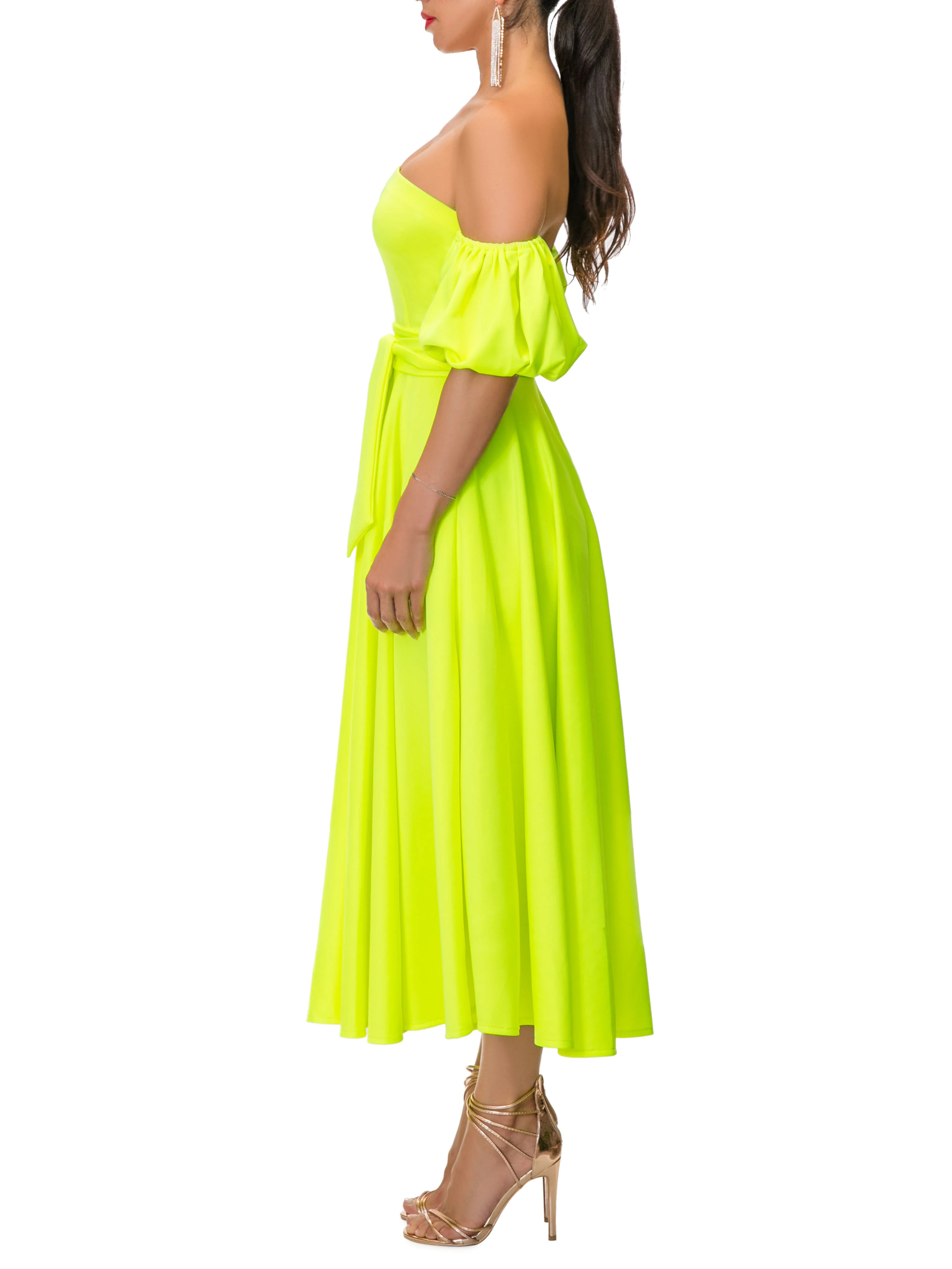 "Vanity" Neon Yellow Off-Shoulder Dress - Image 4