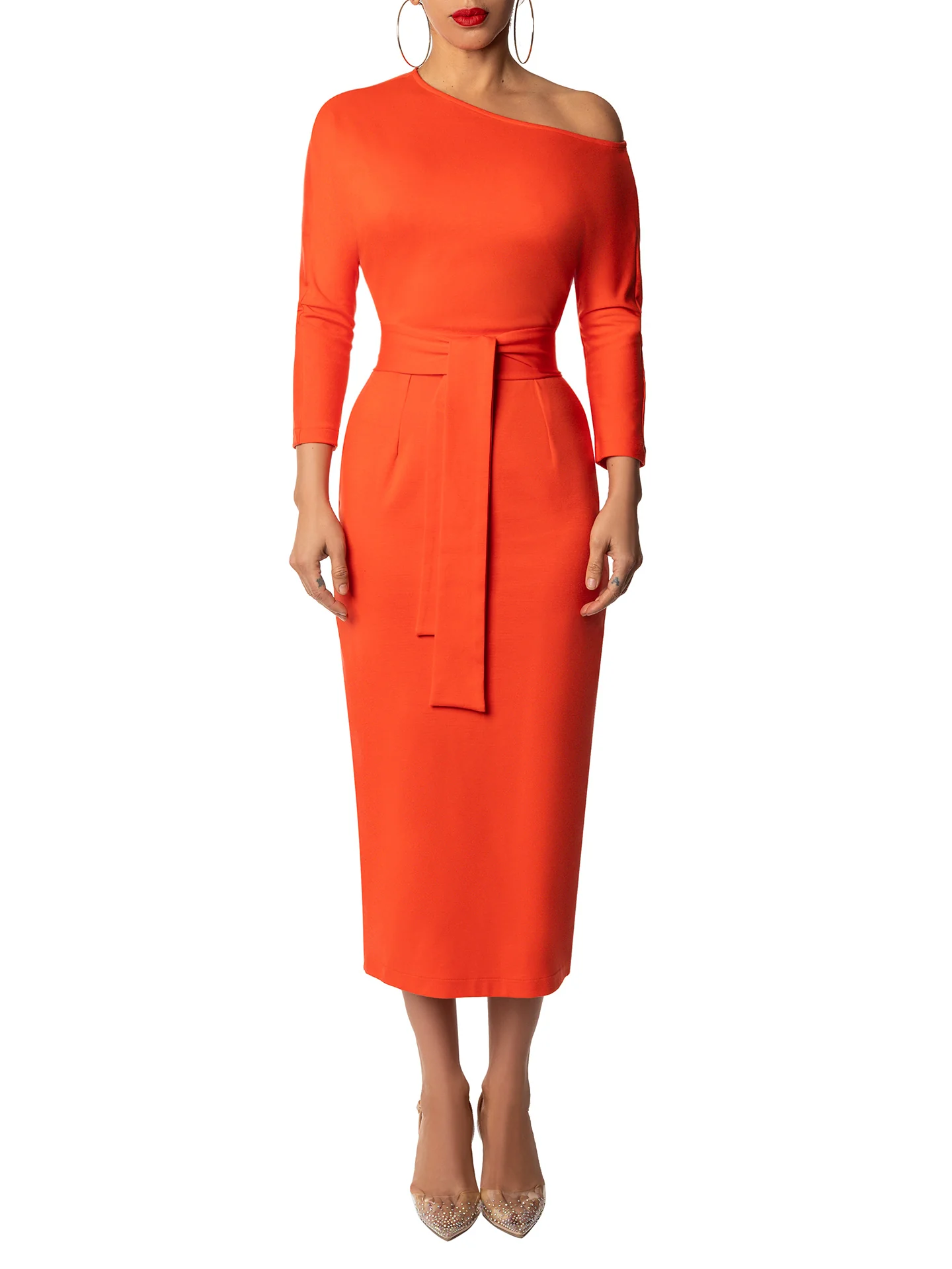 "Velma" Orange Off Shoulder Dress - Image 4