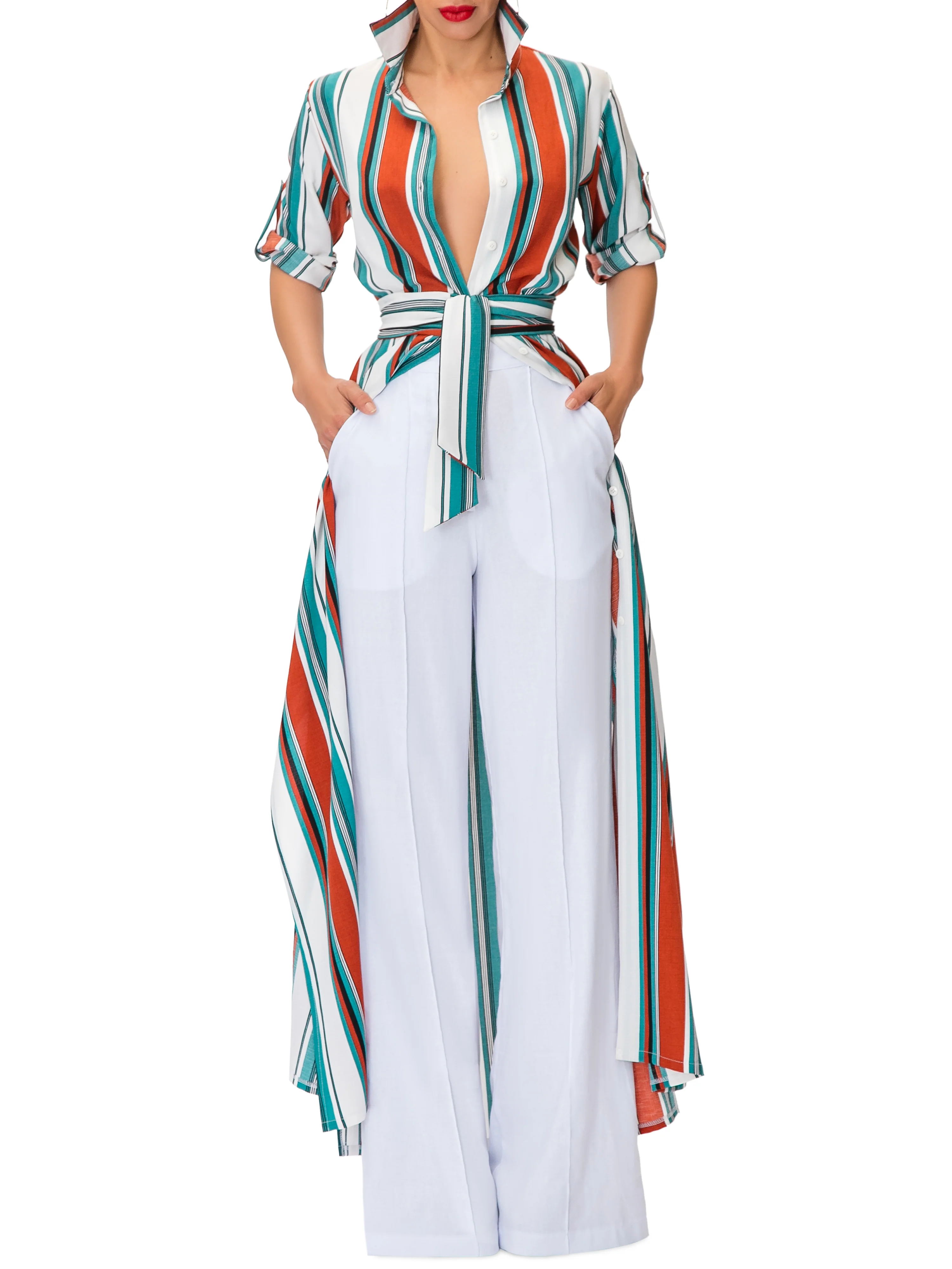 "Venice" Stripe Button-Down Maxi Shirtdress - Image 3