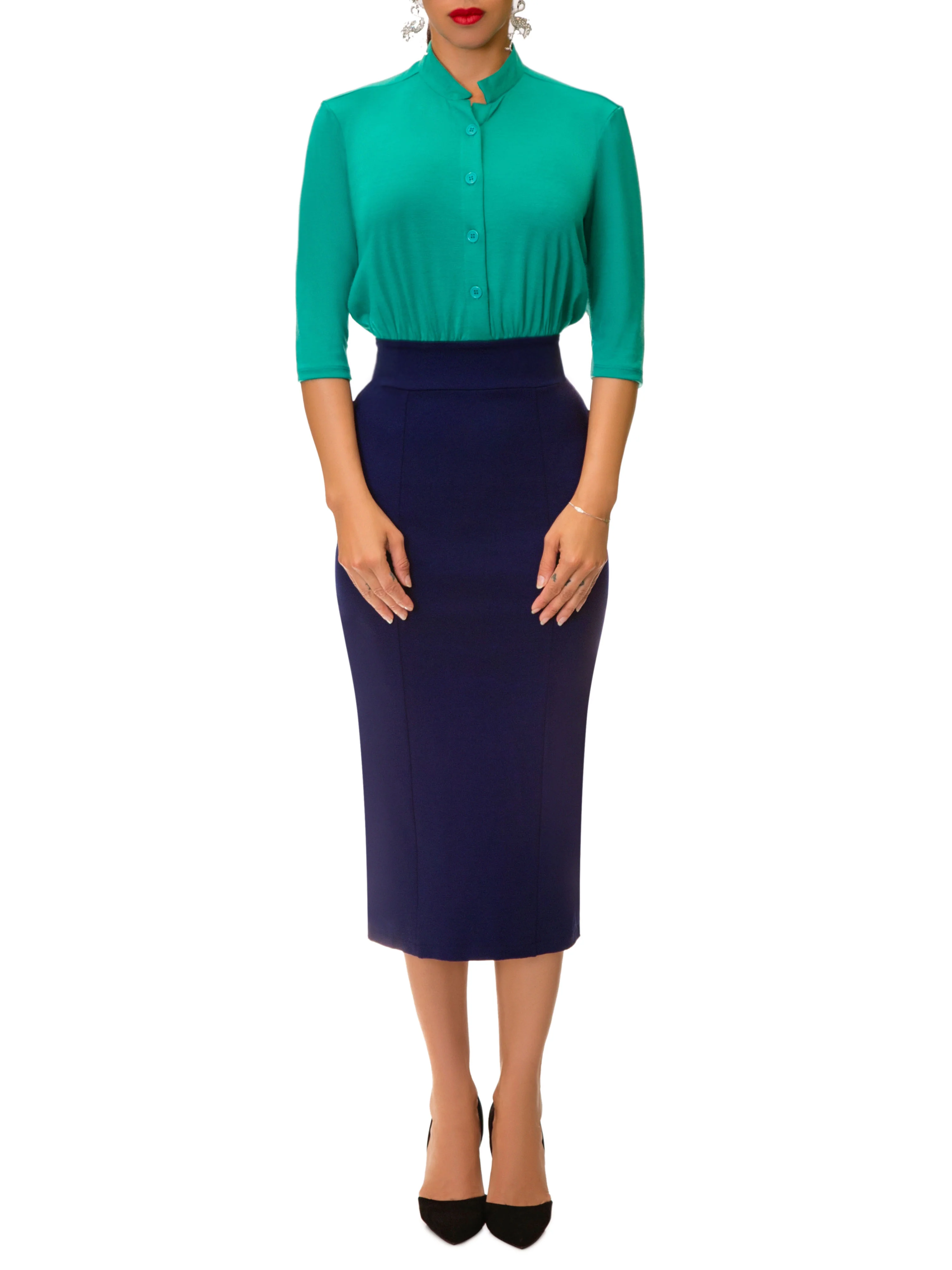 "Veronica" Teal/Navy Color Blocked Button-Down Dress - Image 3