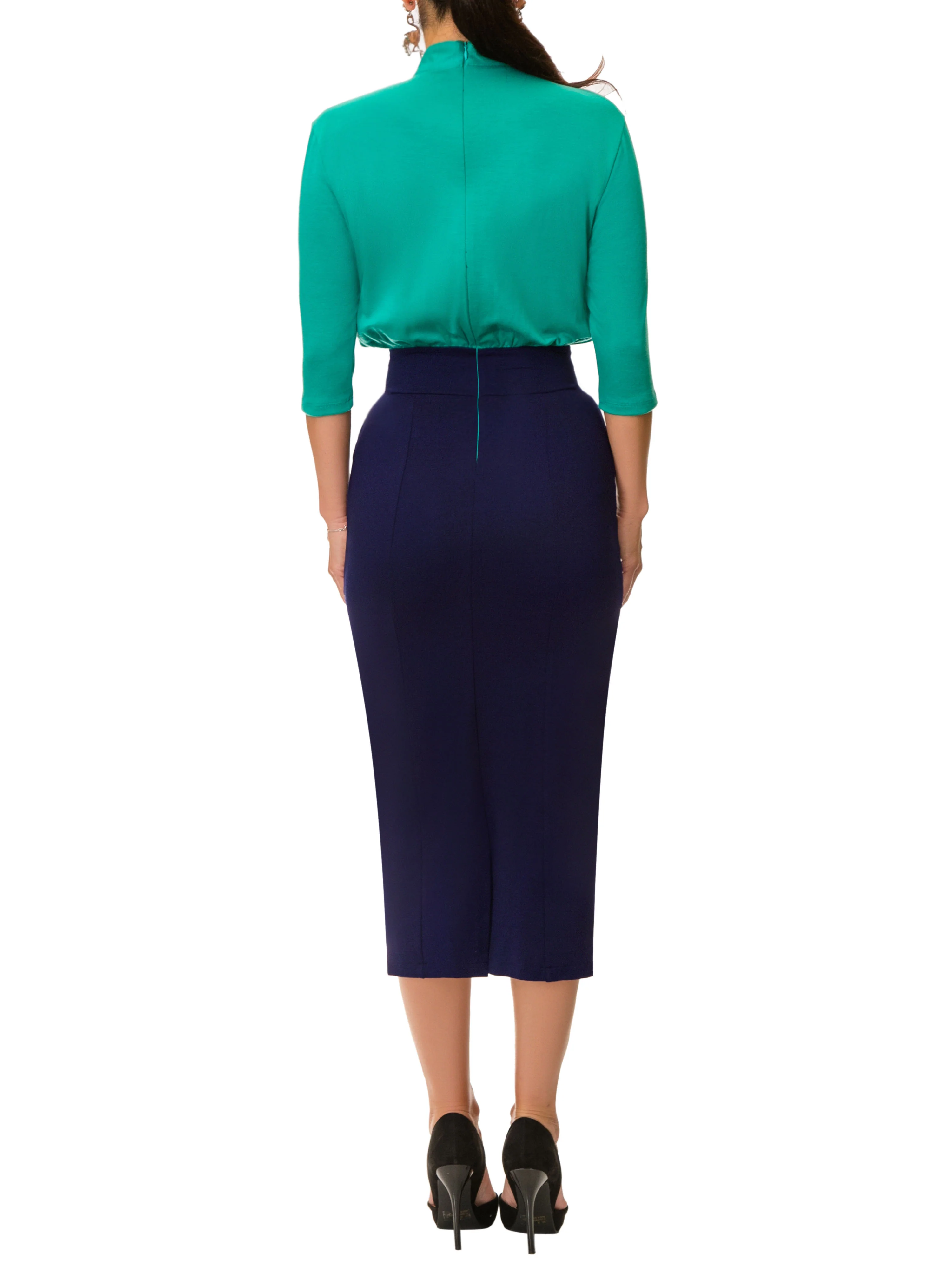 "Veronica" Teal/Navy Color Blocked Button-Down Dress - Image 5