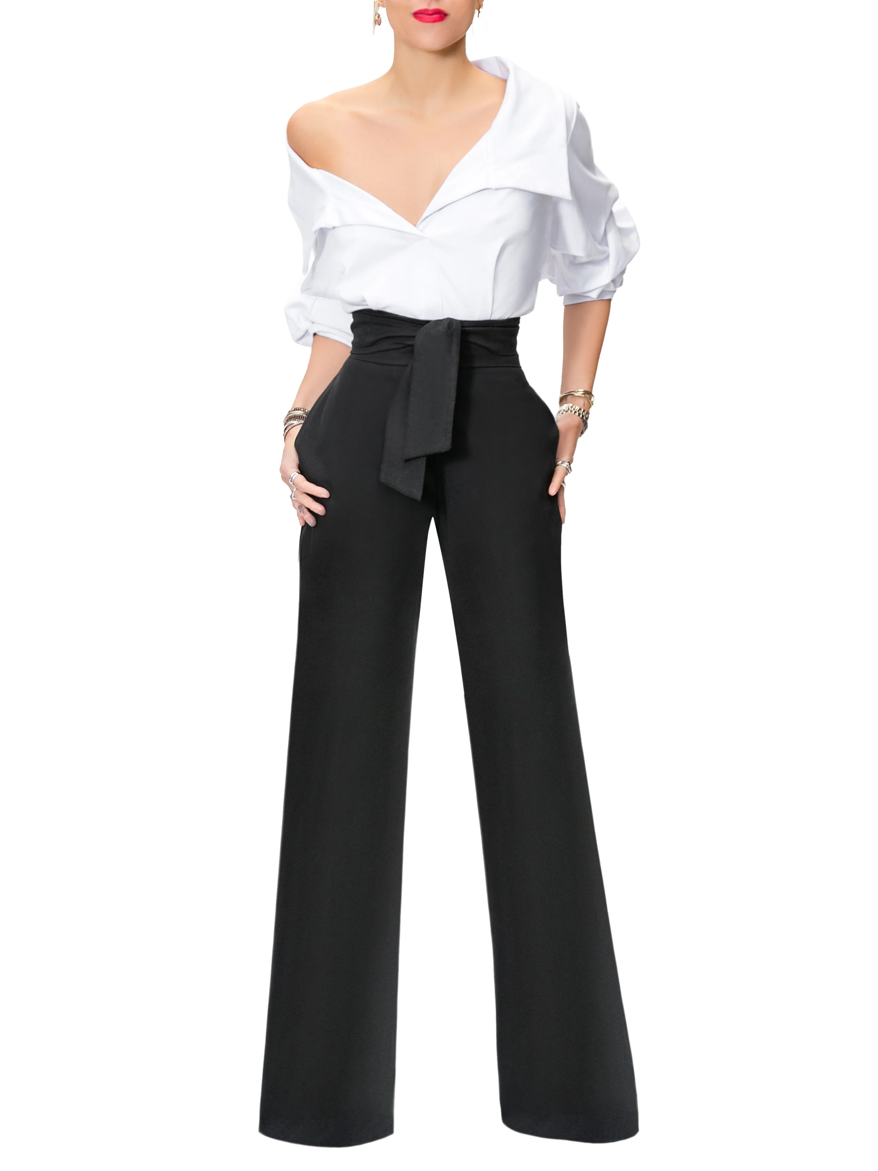 "Victoria" Black and White Off Shoulder Jumpsuit - Image 2