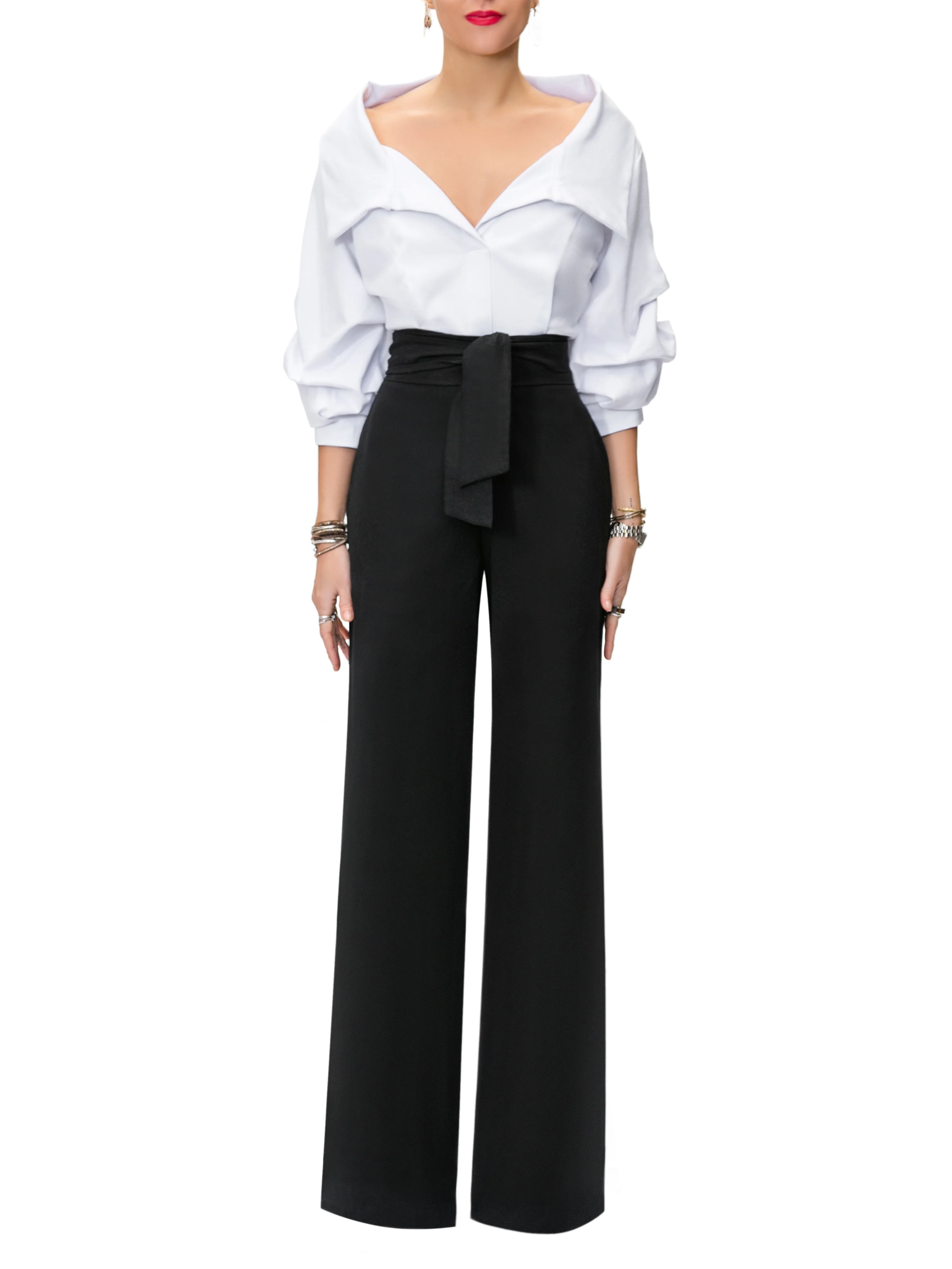 "Victoria" Black and White Off Shoulder Jumpsuit - Image 3