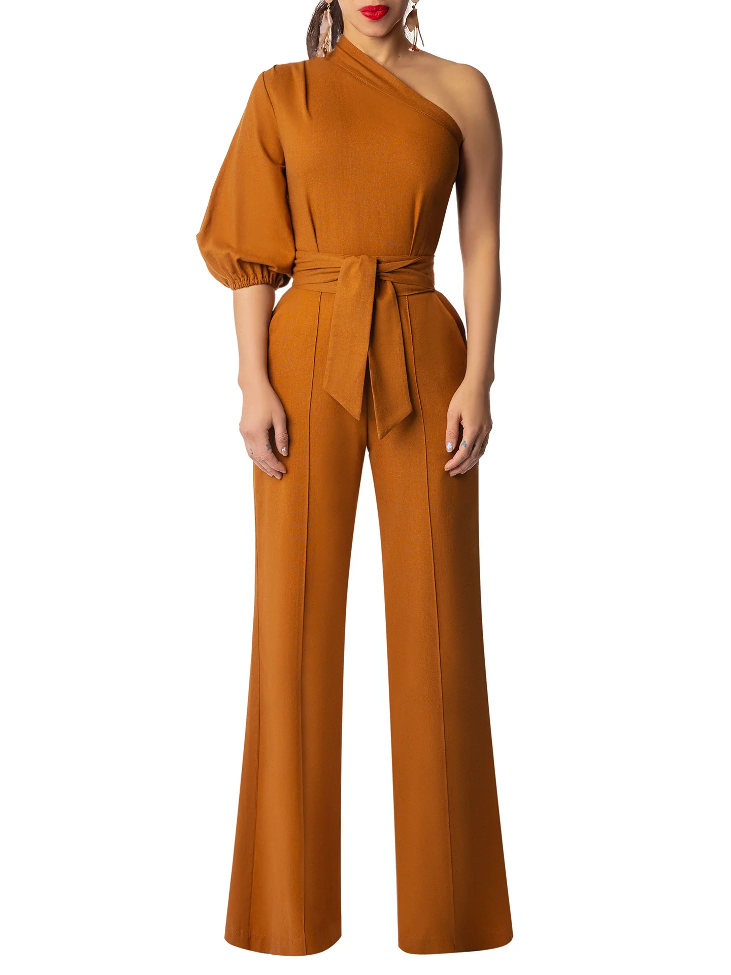 "Walnut" Cognac One Shoulder Jumpsuit - Image 3
