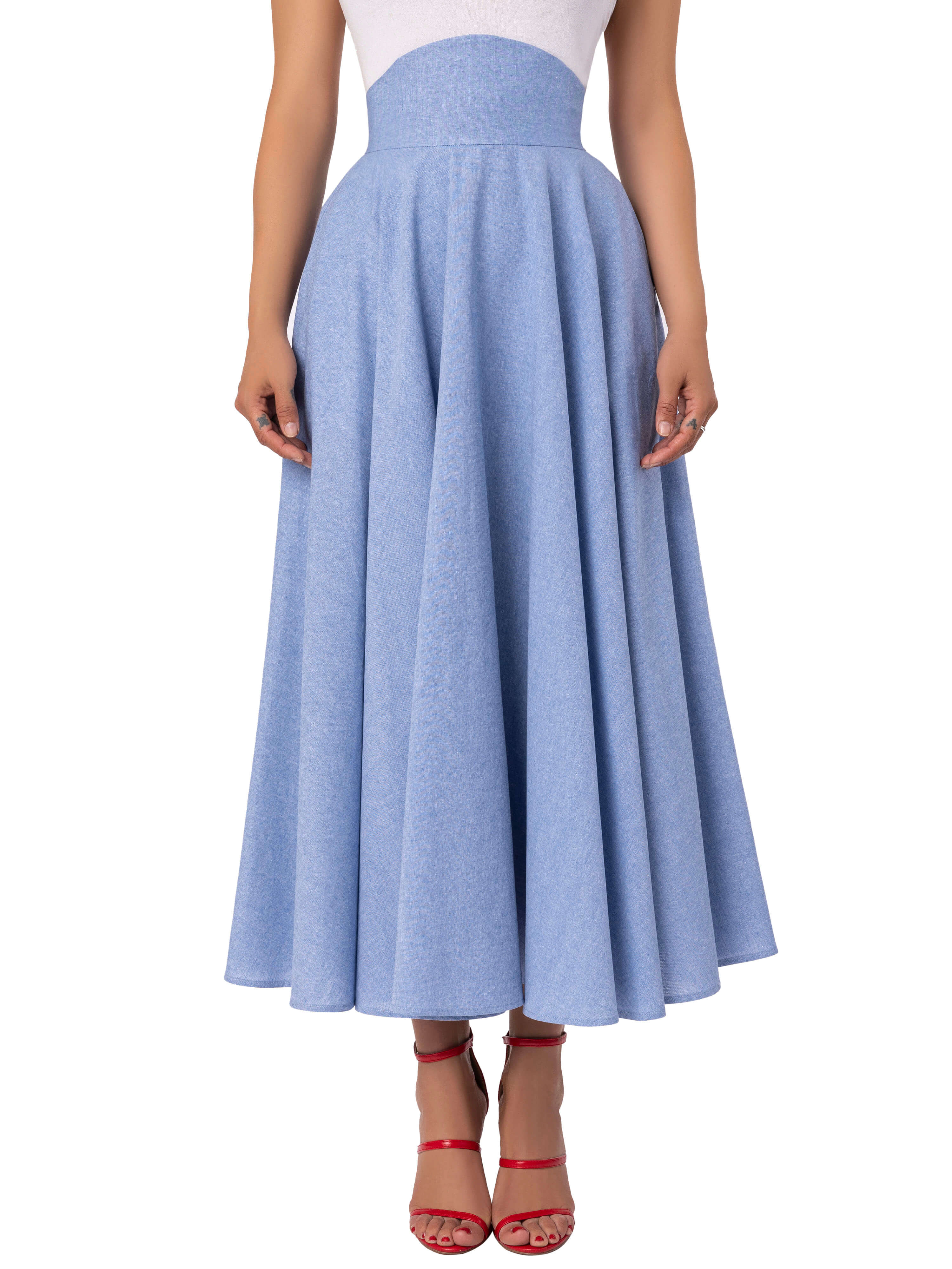 "Waterfall" Chambray Round Band High Waist Skirt - Image 3