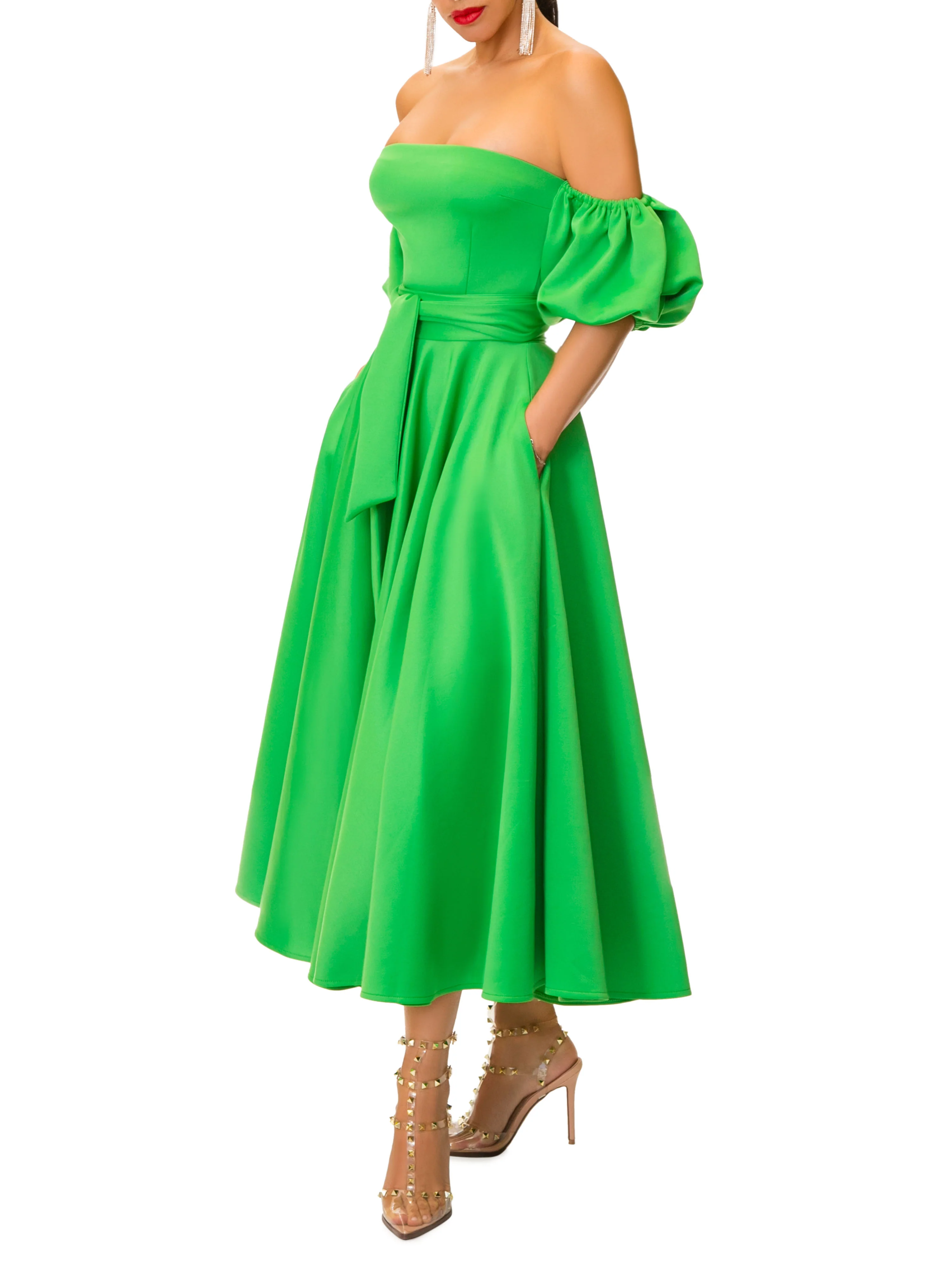 "Whitney" Green-Off Shoulder Dress - Image 3