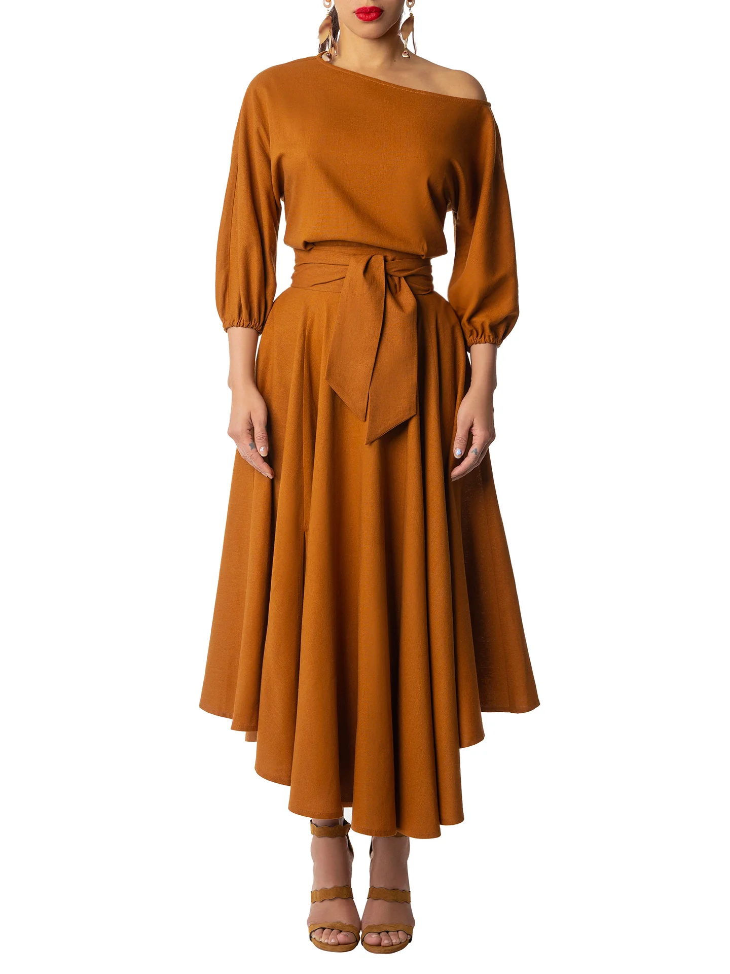 "Willow" Cognac Off Shoulder Swing Dress - Image 3