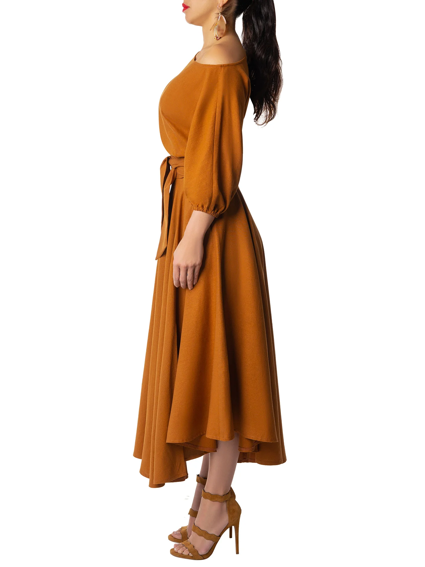 "Willow" Cognac Off Shoulder Swing Dress - Image 4