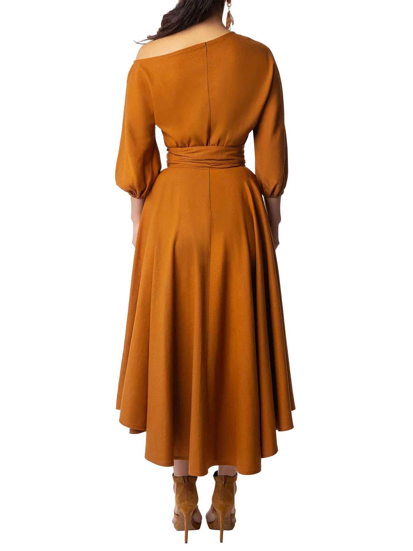 "Willow" Cognac Off Shoulder Swing Dress - Image 5