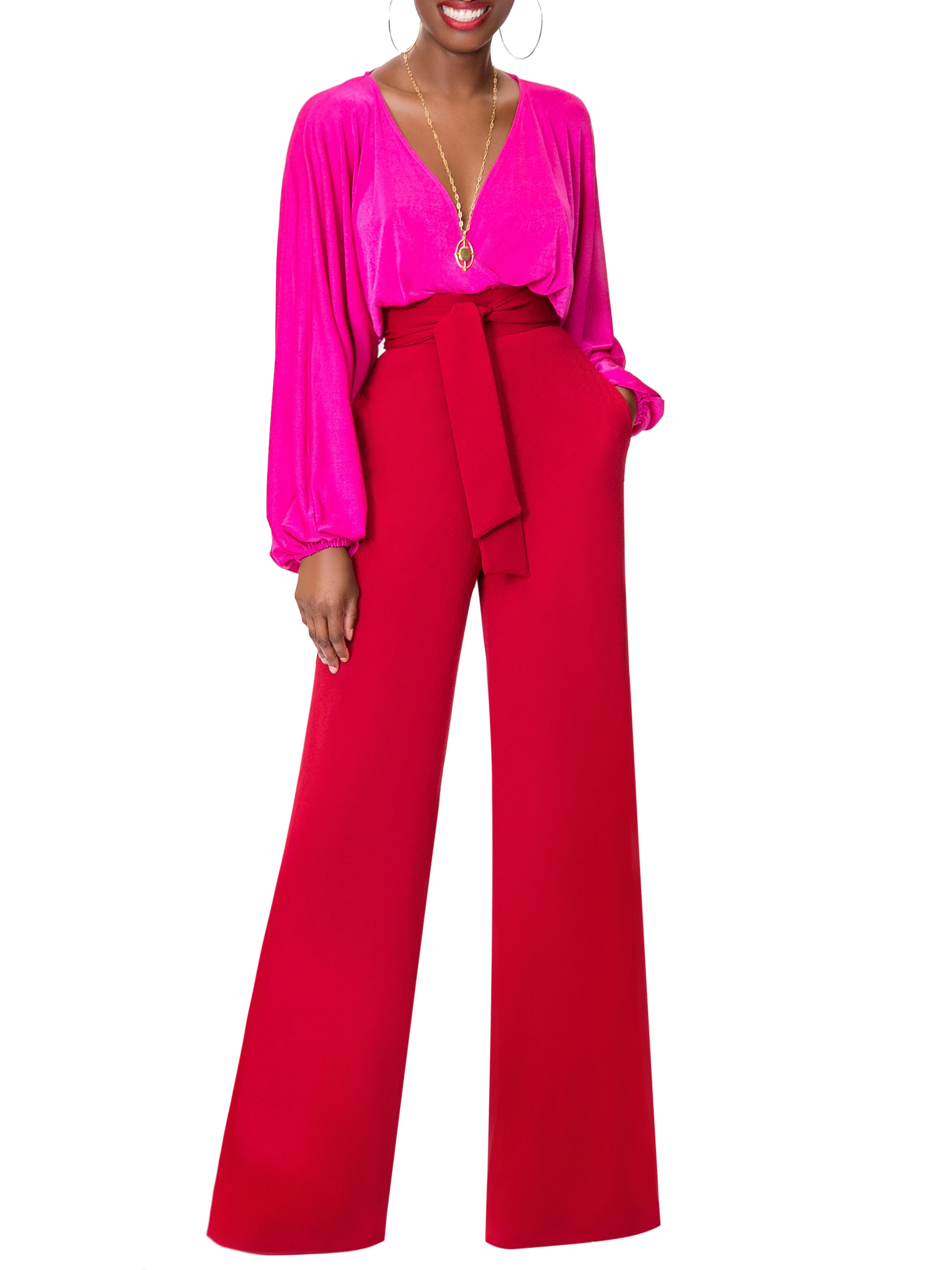 "Wynée" Deep Red Belted High Waist Pants - Image 2