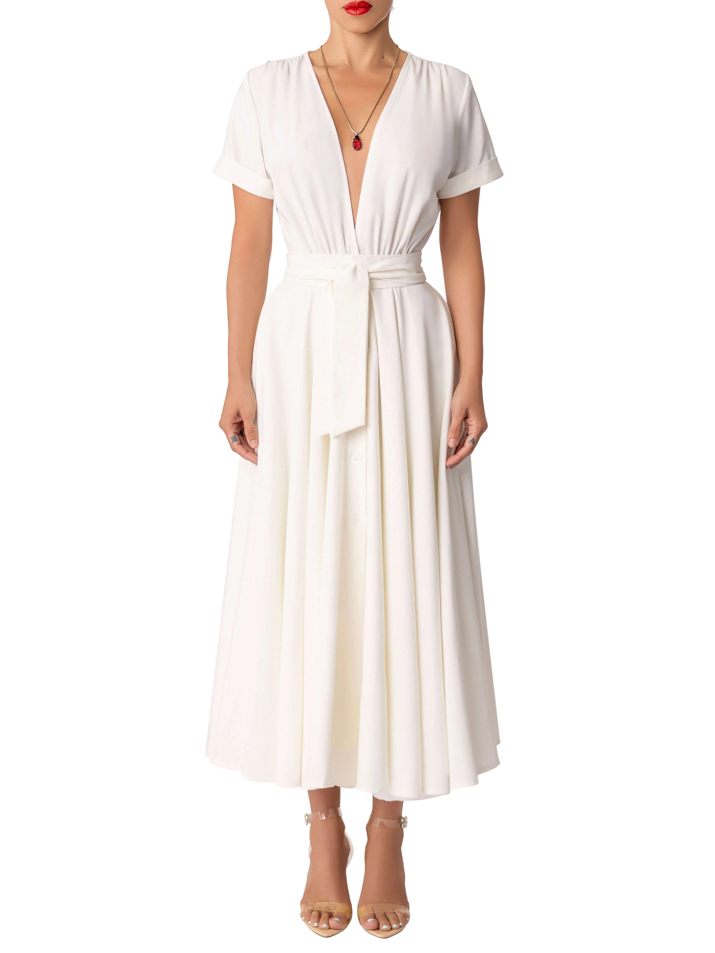 "Ximena" Ivory Gathered Midi Dress - Image 4
