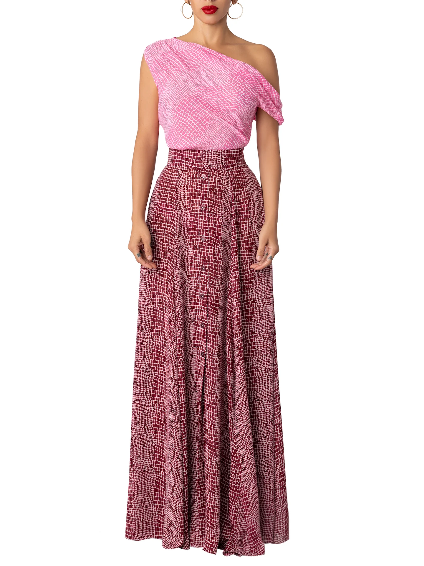 “Xiomara” Pink-Burgundy Off Shoulder Dress - Image 4