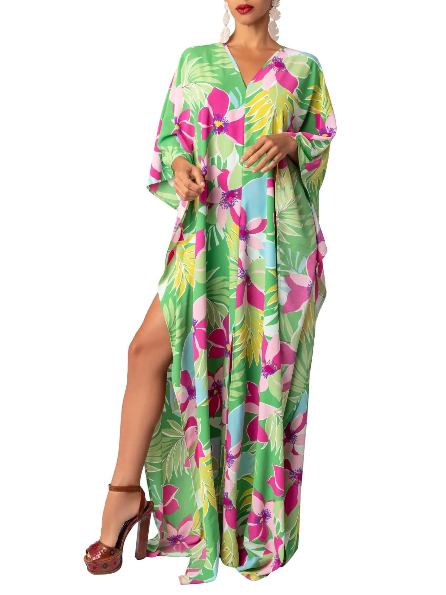 “Yucatan” Green Print floral Kaftan Maxi dress - Image 3