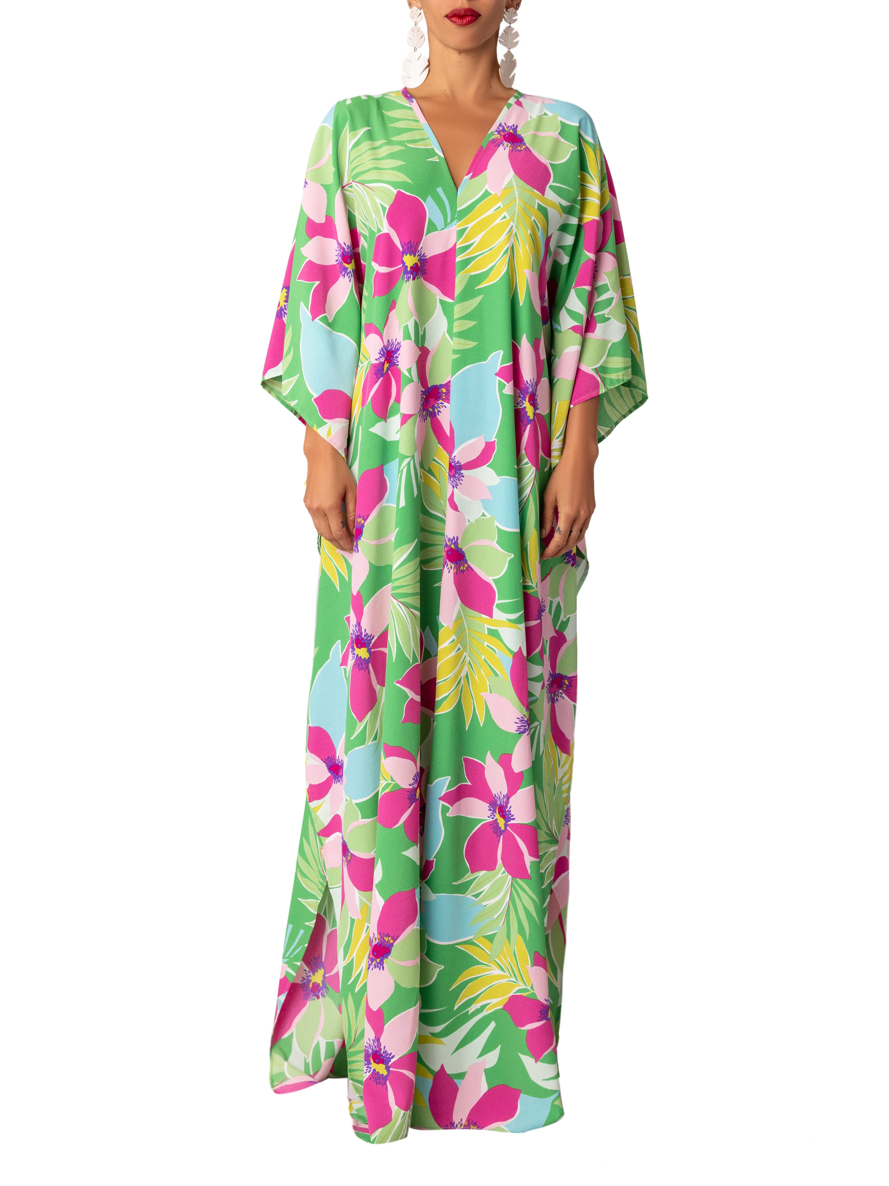“Yucatan” Green Print floral Kaftan Maxi dress - Image 4